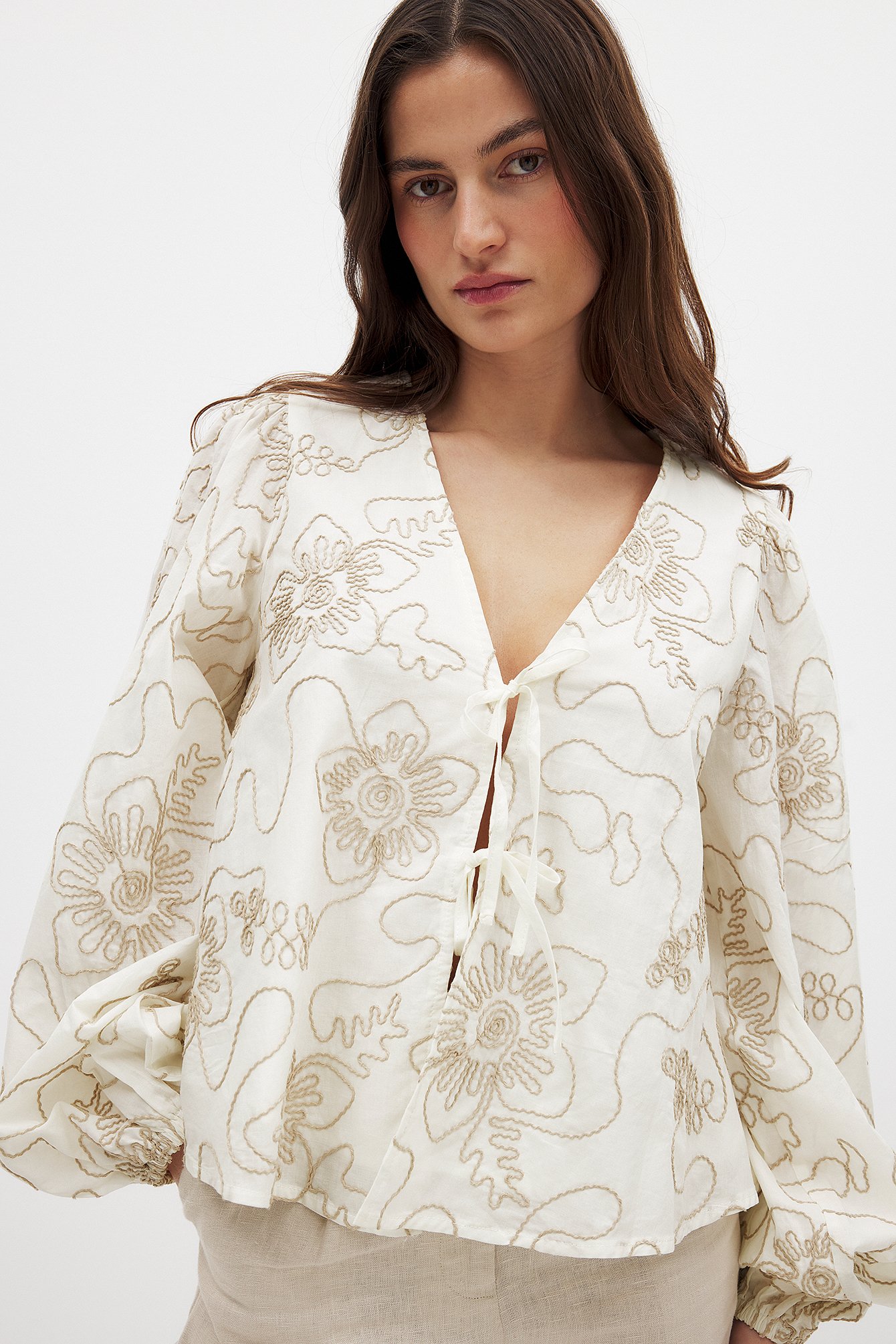 Blusa bordada de manga larga - Blusas - Offwhite - EU 34 - NA-KD / NAKD