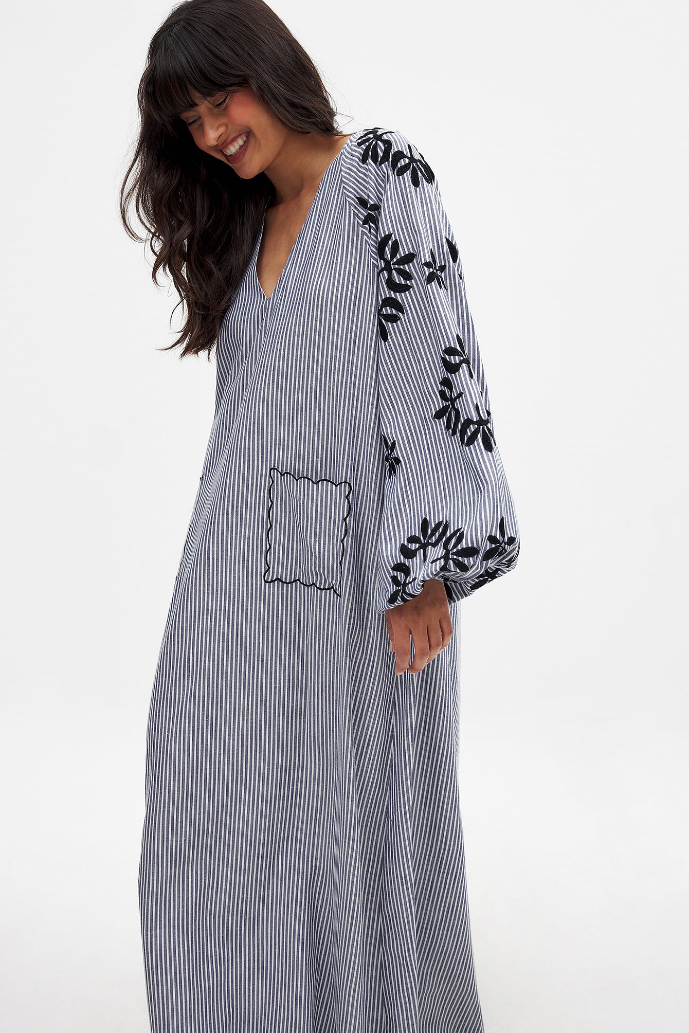 striped balloon sleeve maxi dress store na kd Embroidery Detail Long Sleeve Maxi Dress Stripe