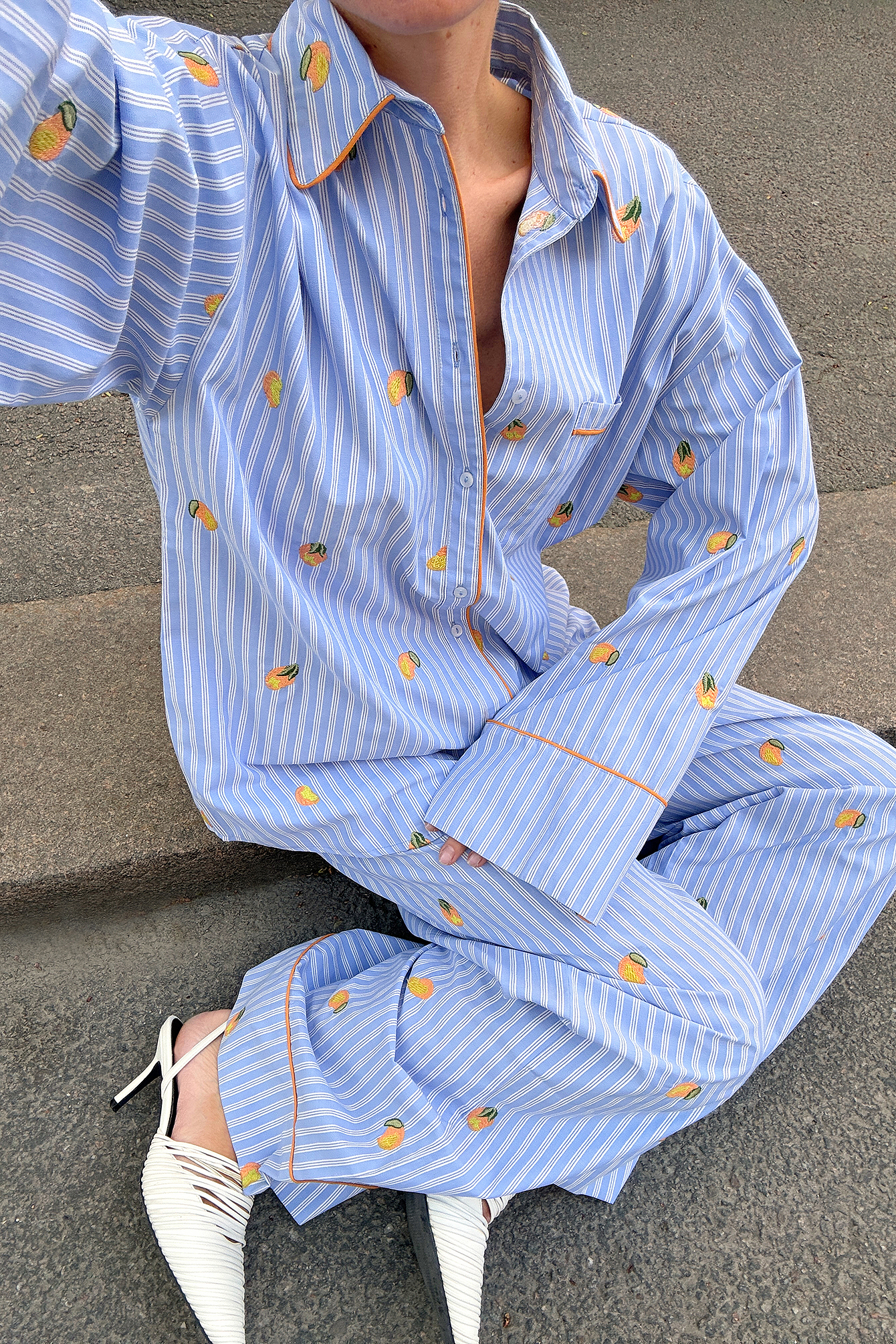 Handpicked x NA-KD Pantalon large brodé - Ensembles d'été - Bleu,Stripe - EU 34 - NA-KD / NAKD