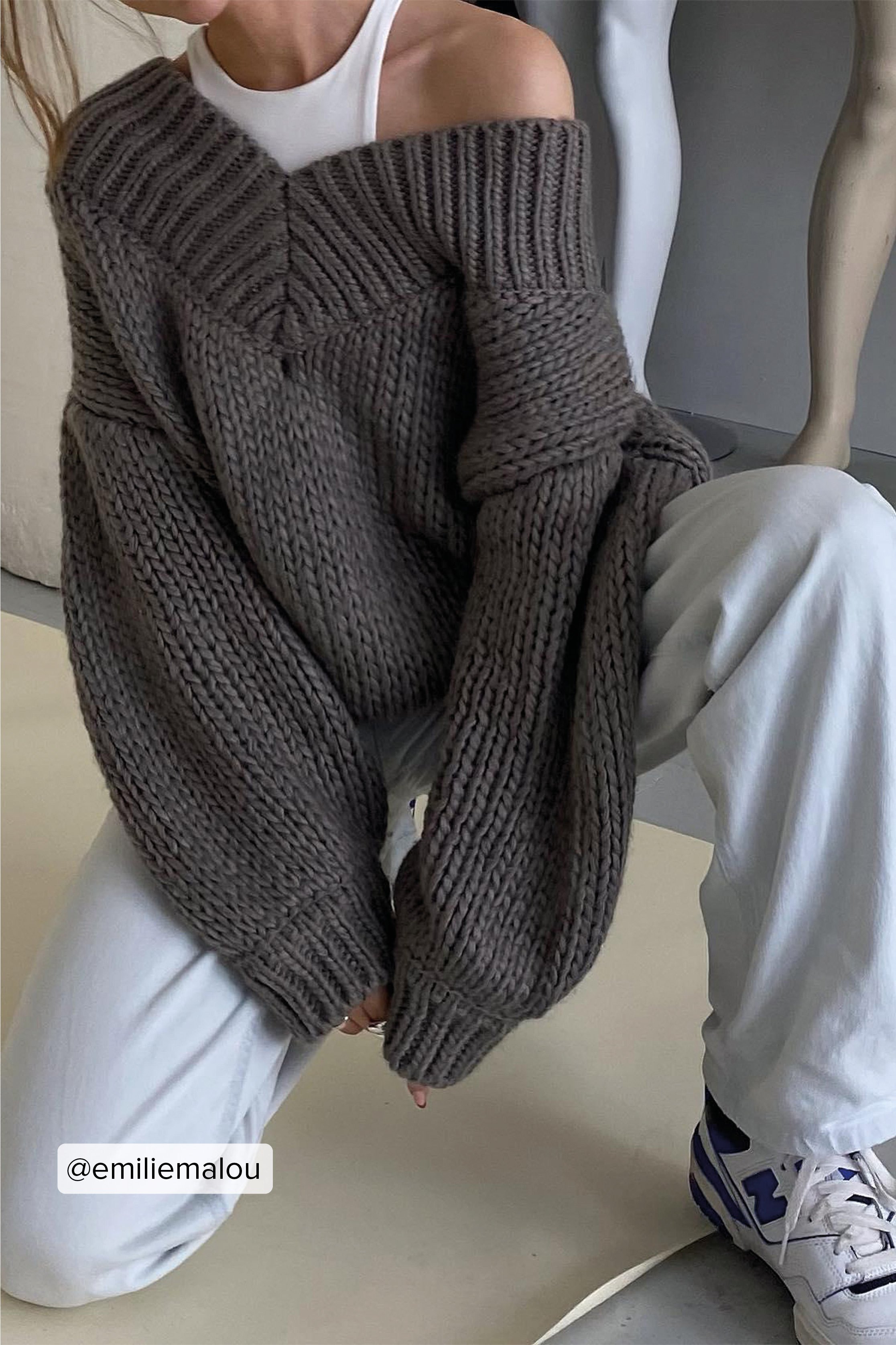 Grey V-neck Oversized Knitted Sweater
