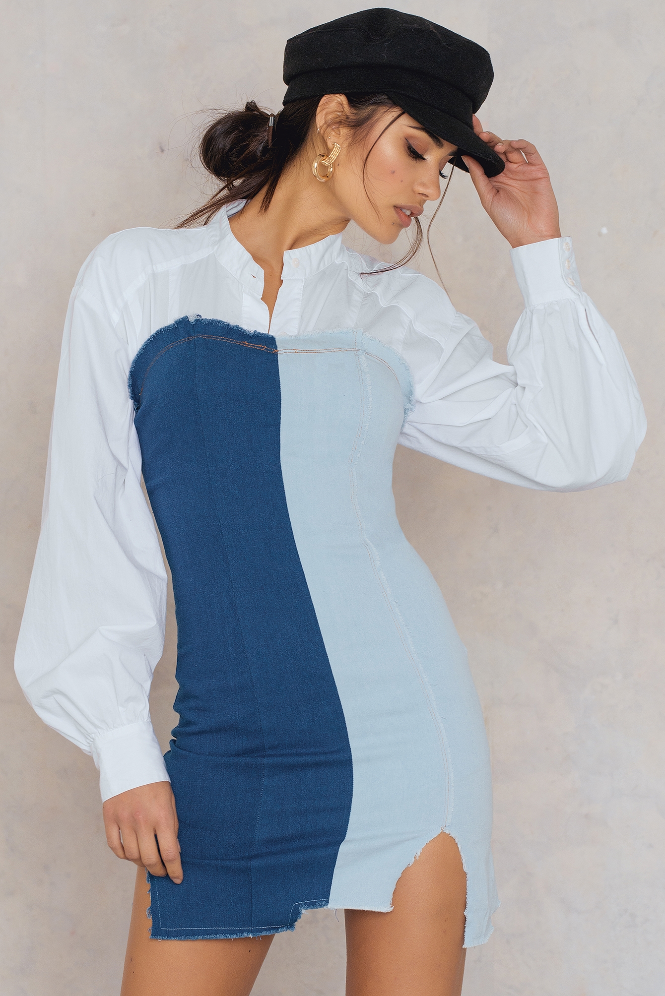 Checker Denim Frayed Hem Mini Dress
