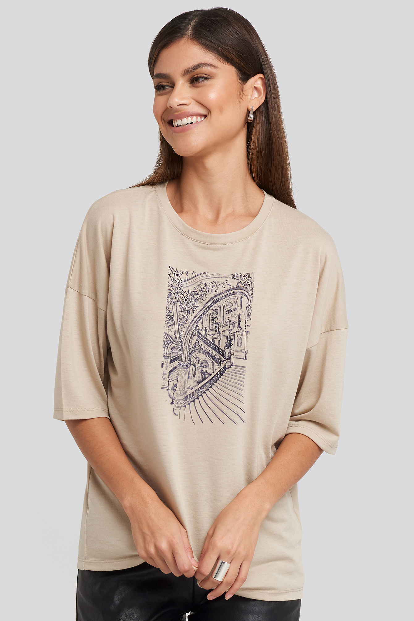 Printed Oversized Viscose Tee Beige