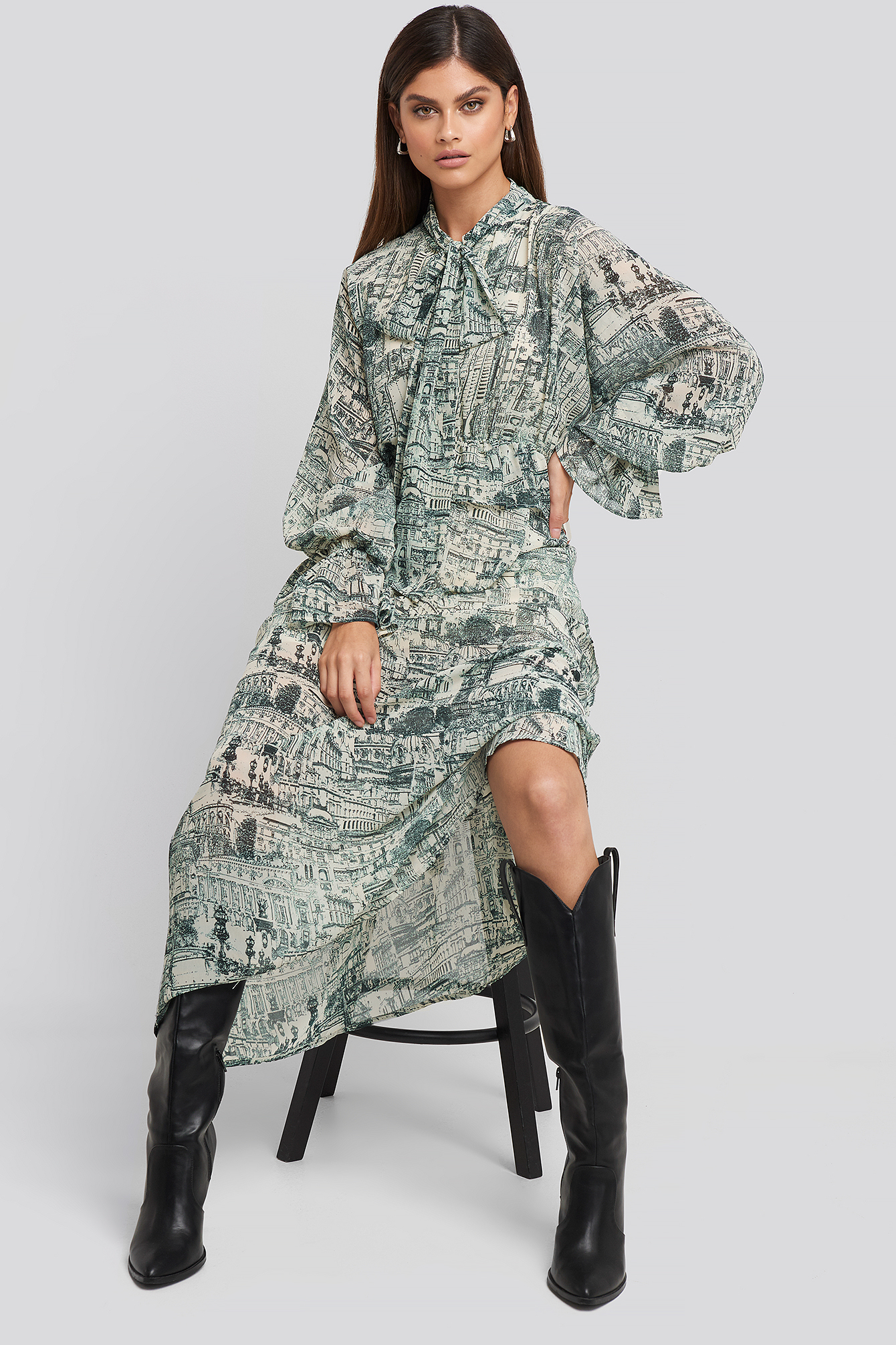 Printed Tie Collar Maxi Dress Blue Print
