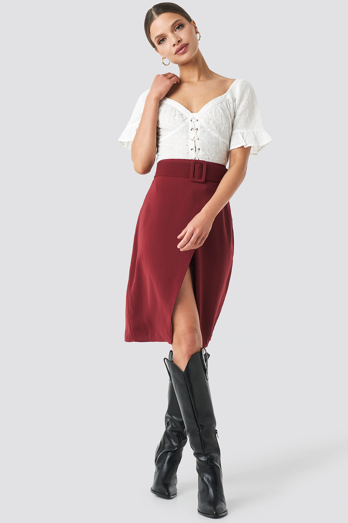 Belted Overlap Skirt Burgundy