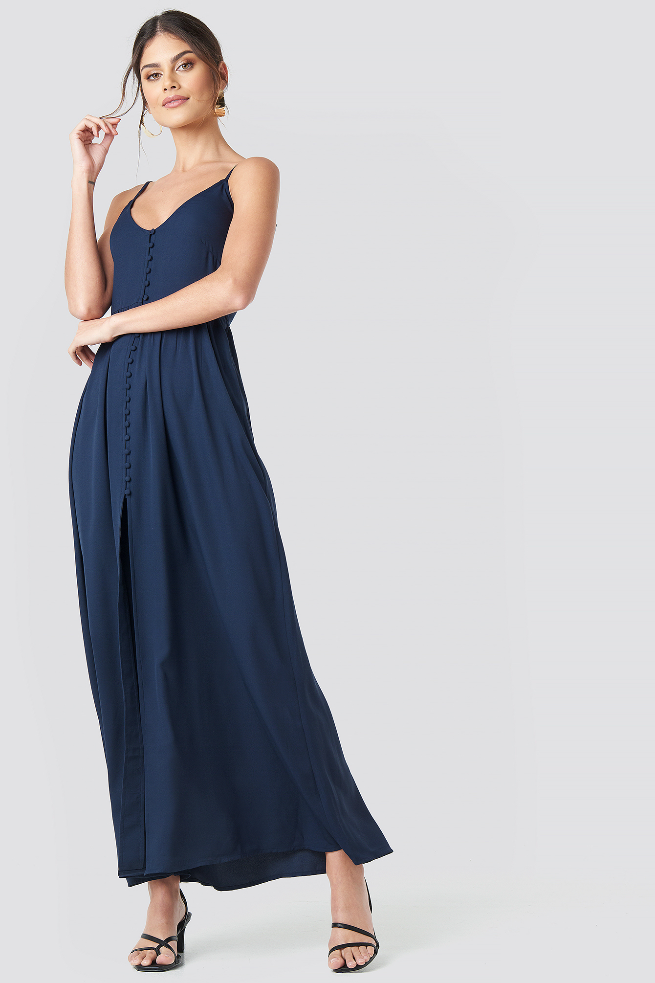 Button Up V-Neck Dress Dark Blue