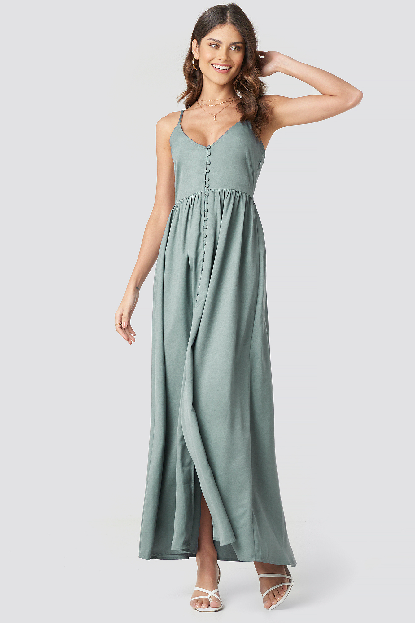 Button Up V-Neck Dress Dusty Green