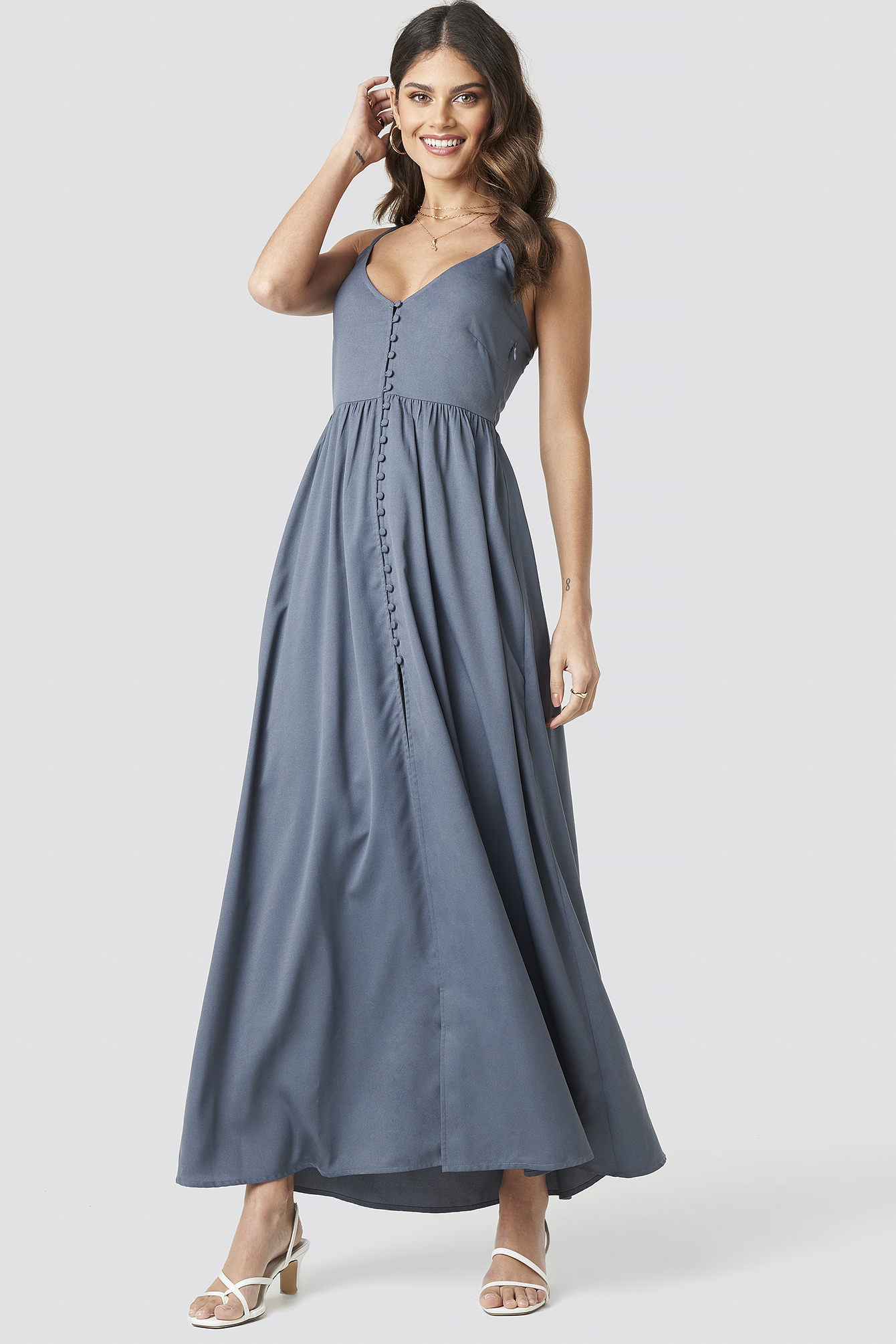 Button Up V-Neck Dress Grey