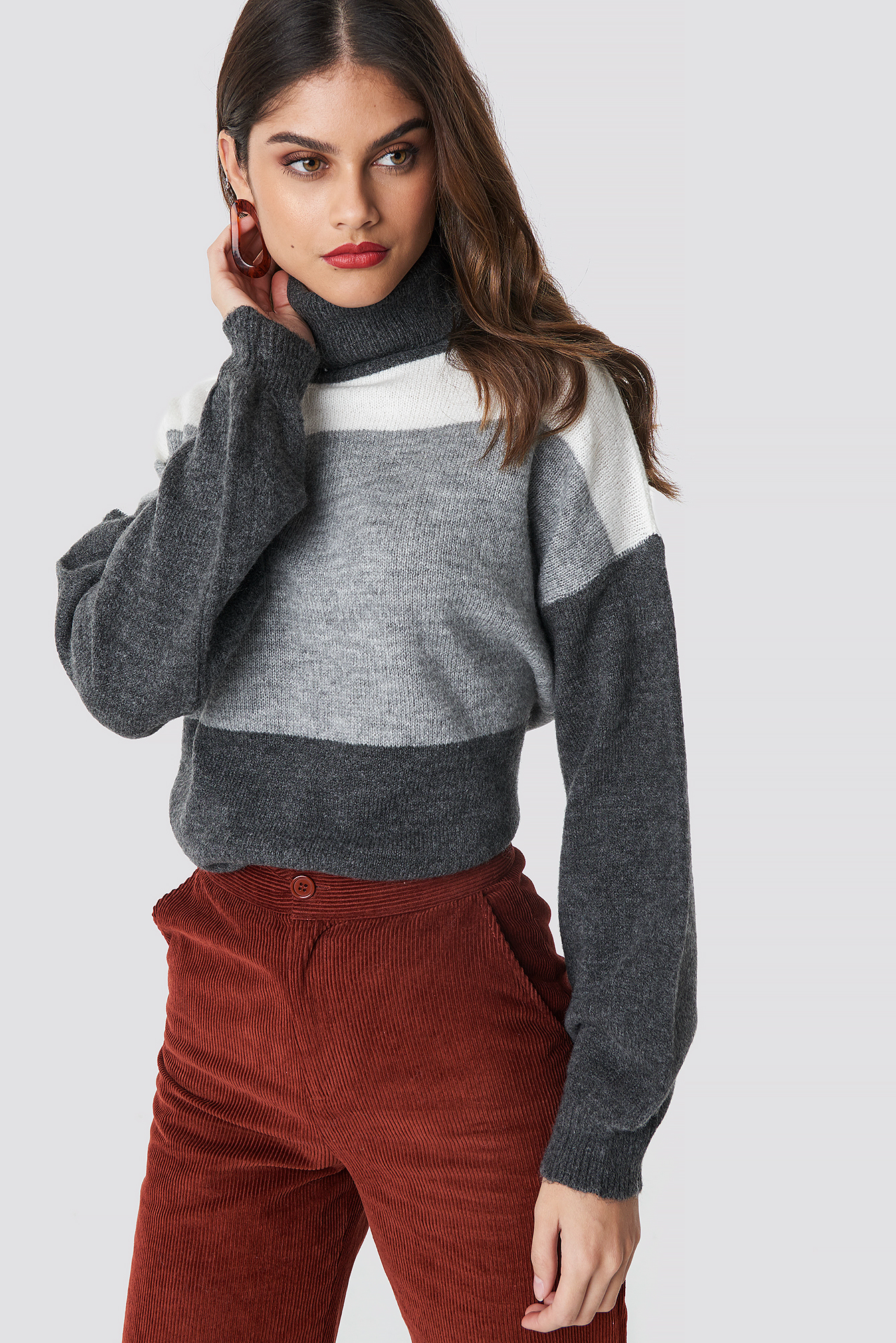 Grey NA-KD Trend Color Blocked High Neck Knitted Sweater