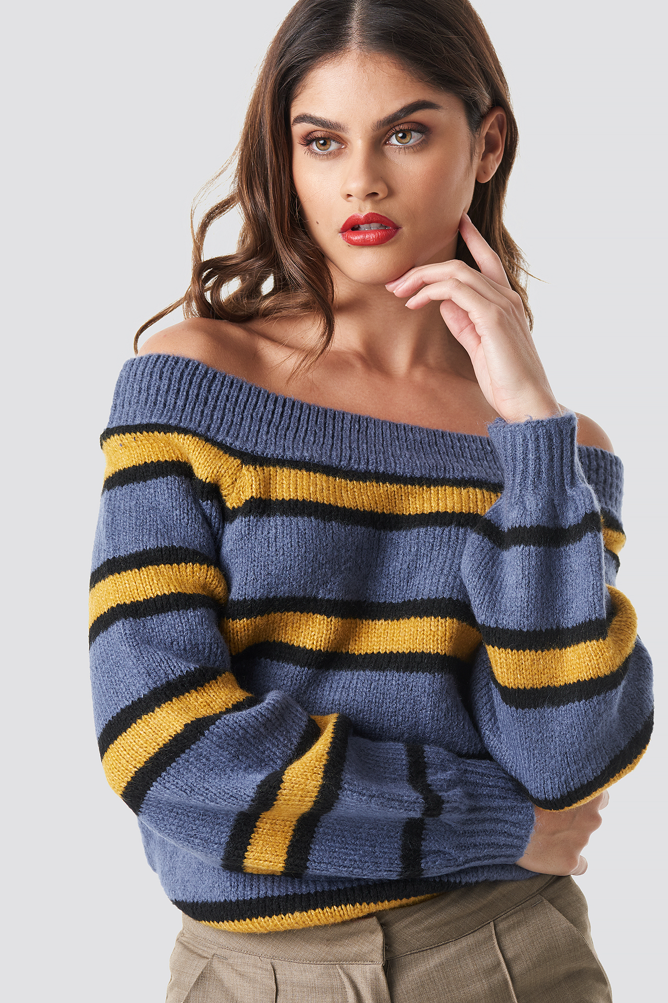Color Striped Off Shoulder Knitted Sweater Yellow