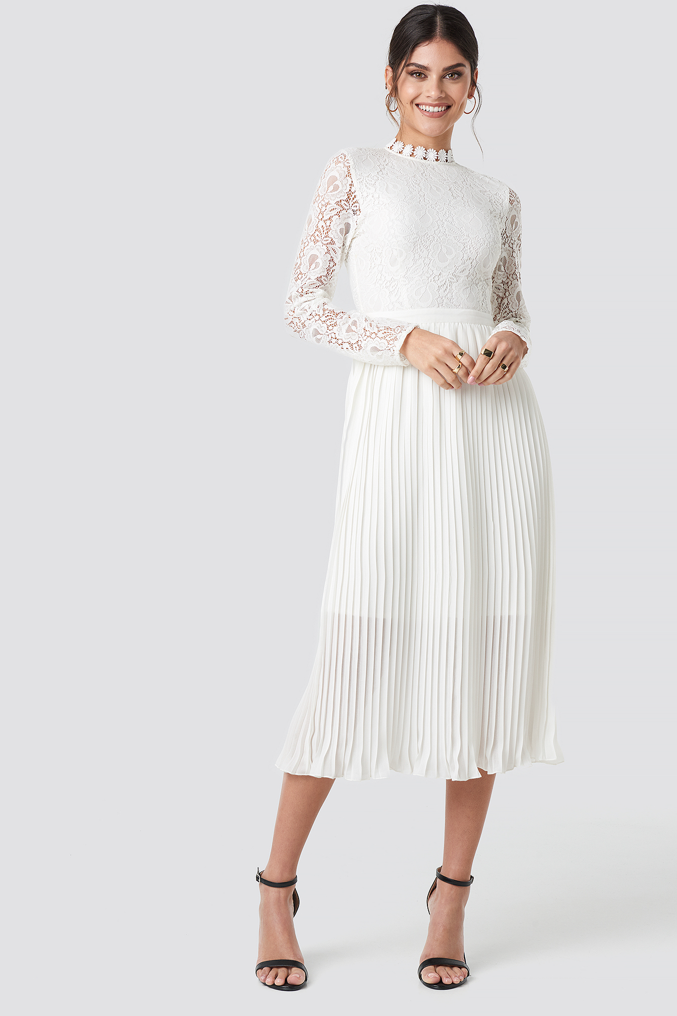 Crochet Detail Pleated Dress White