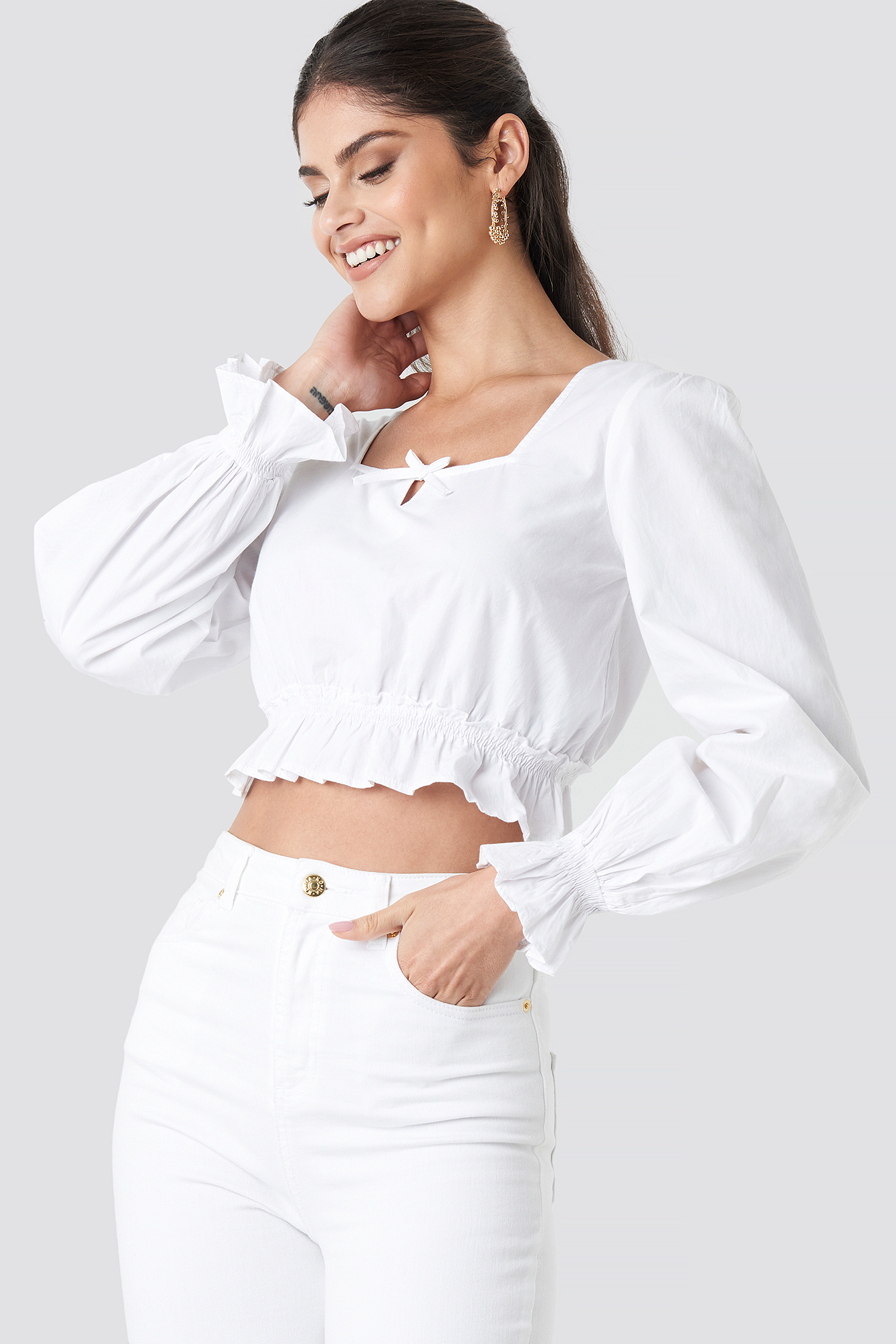 Cropped Frill Long Sleeve Top White