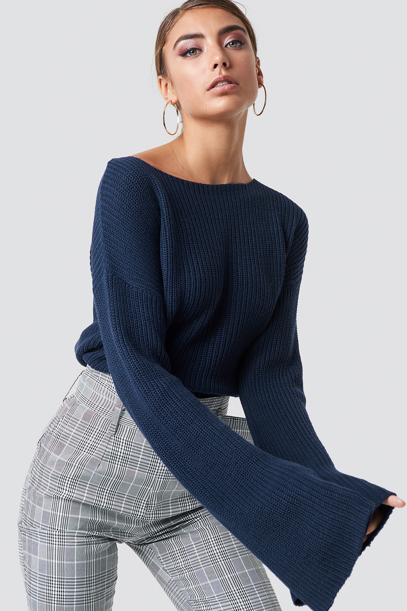Cropped Long Sleeve Knitted Sweater Navy Na