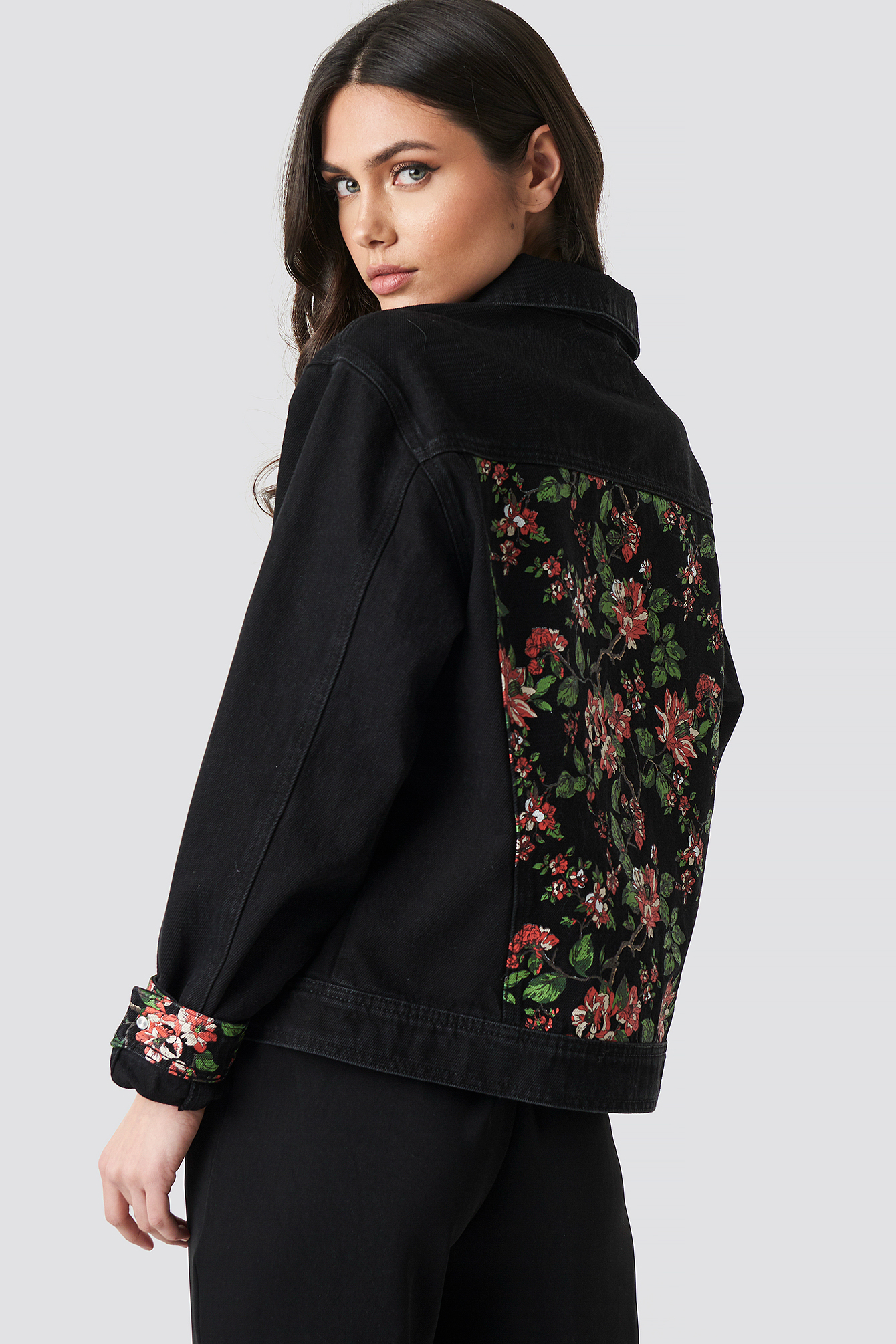 Dark Floral Denim Jacket Black