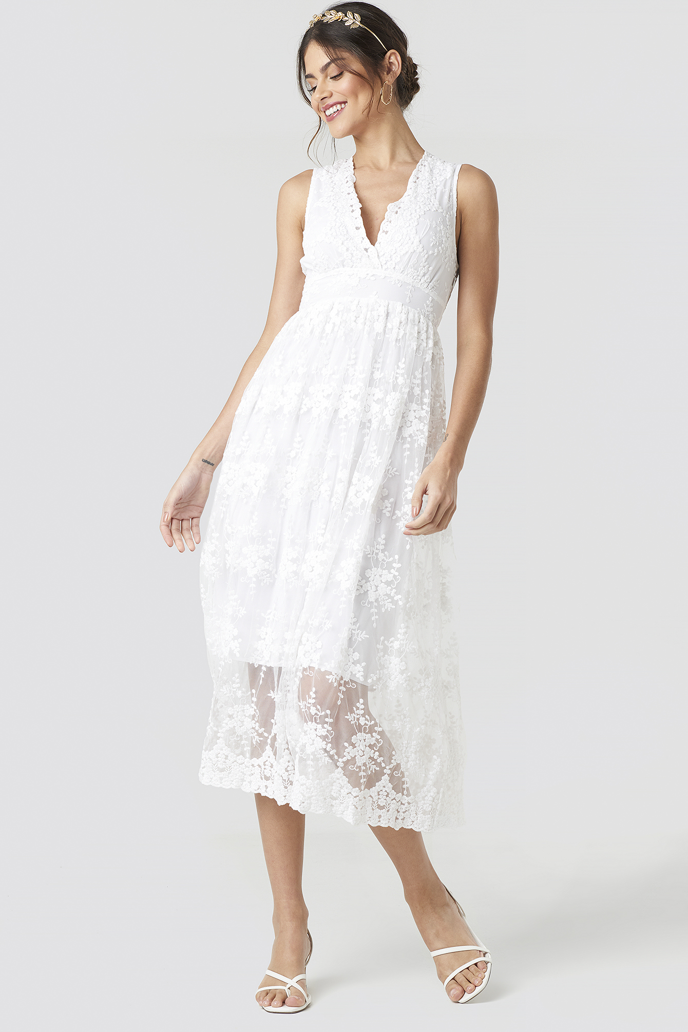 Deep V-Neck Delicate Lace Dress White