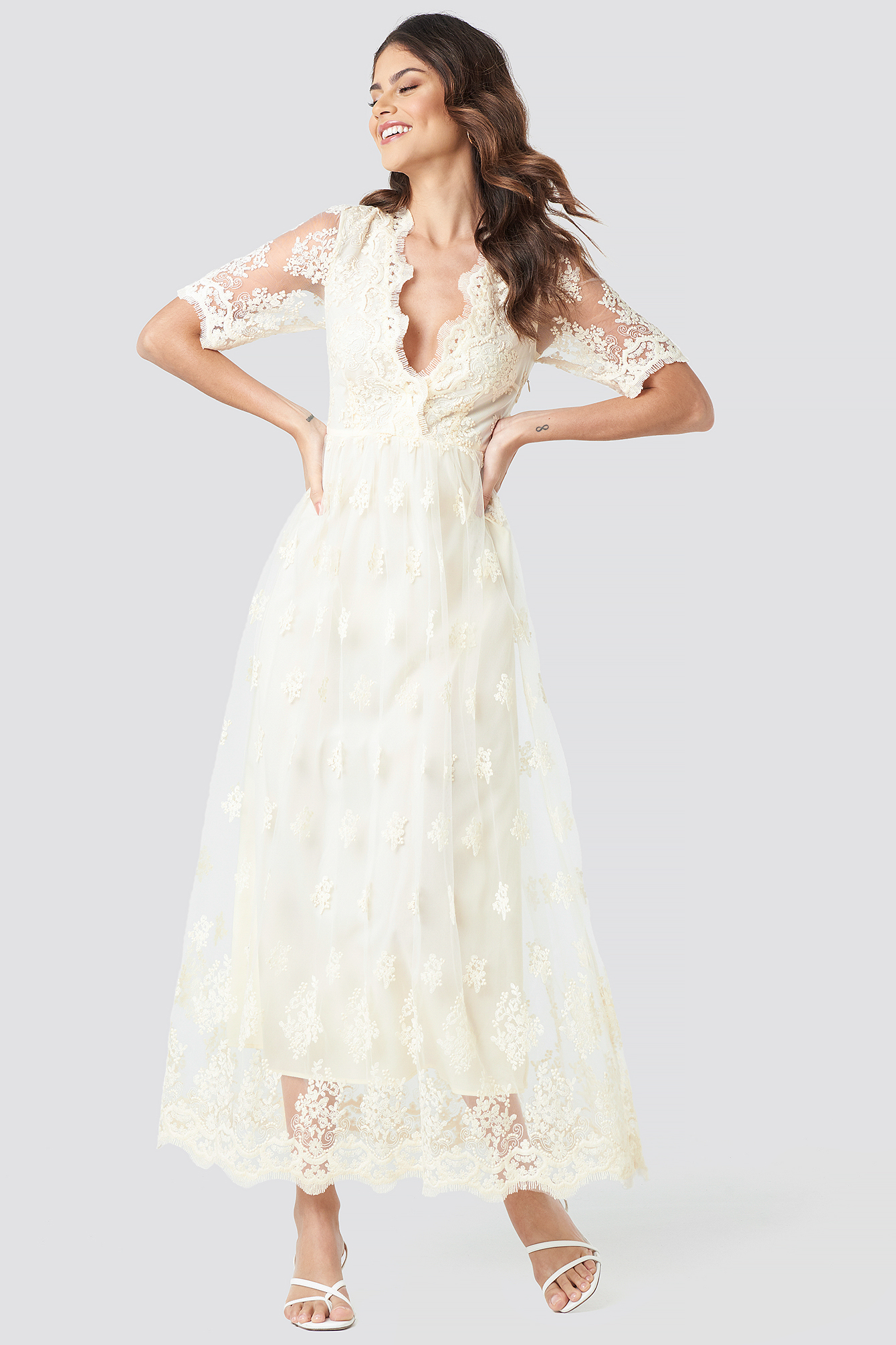 Delicate Flower Lace Maxi Dress White | NA-KD