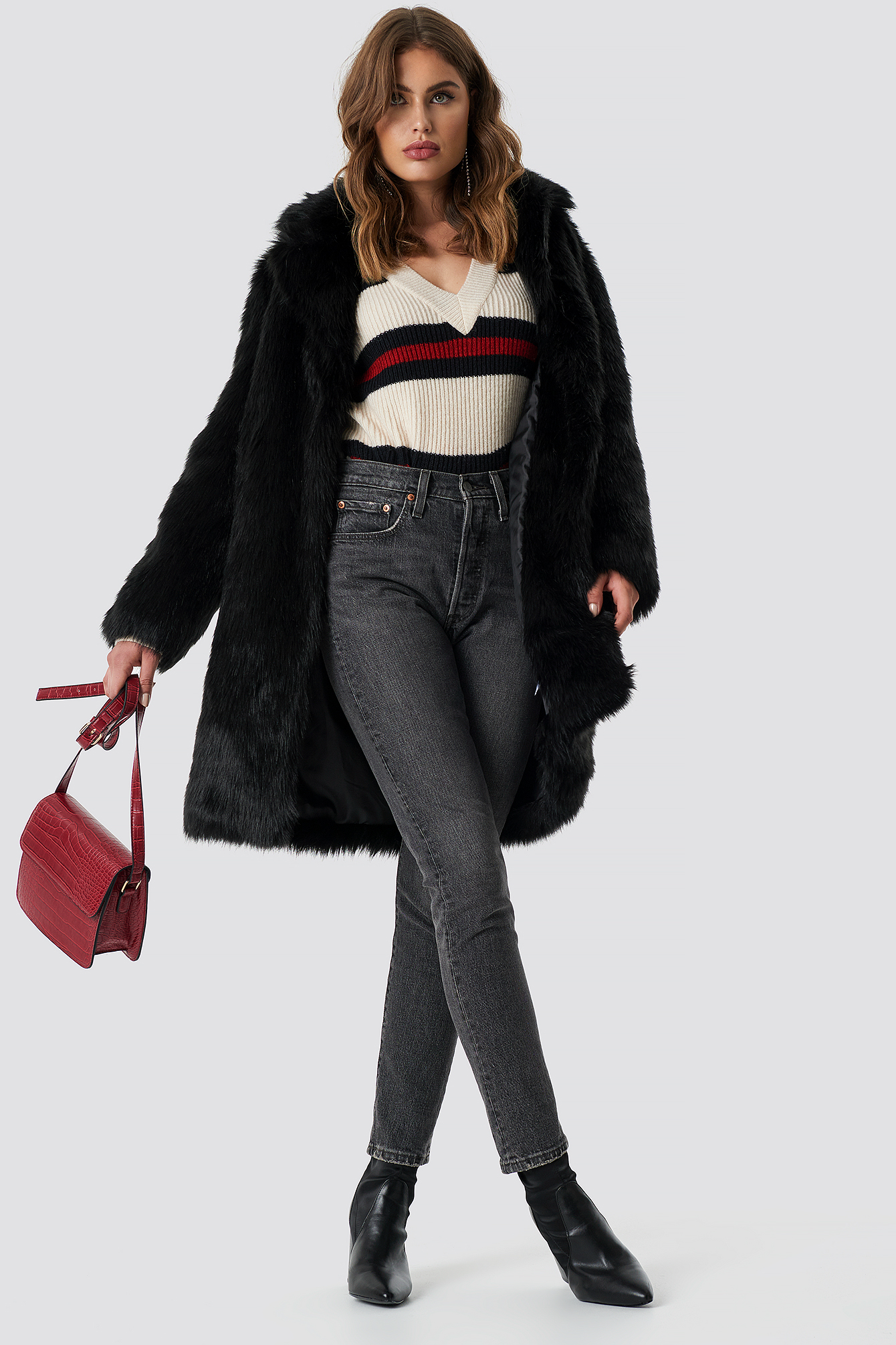 Faux Fur Collar Long Jacket Black