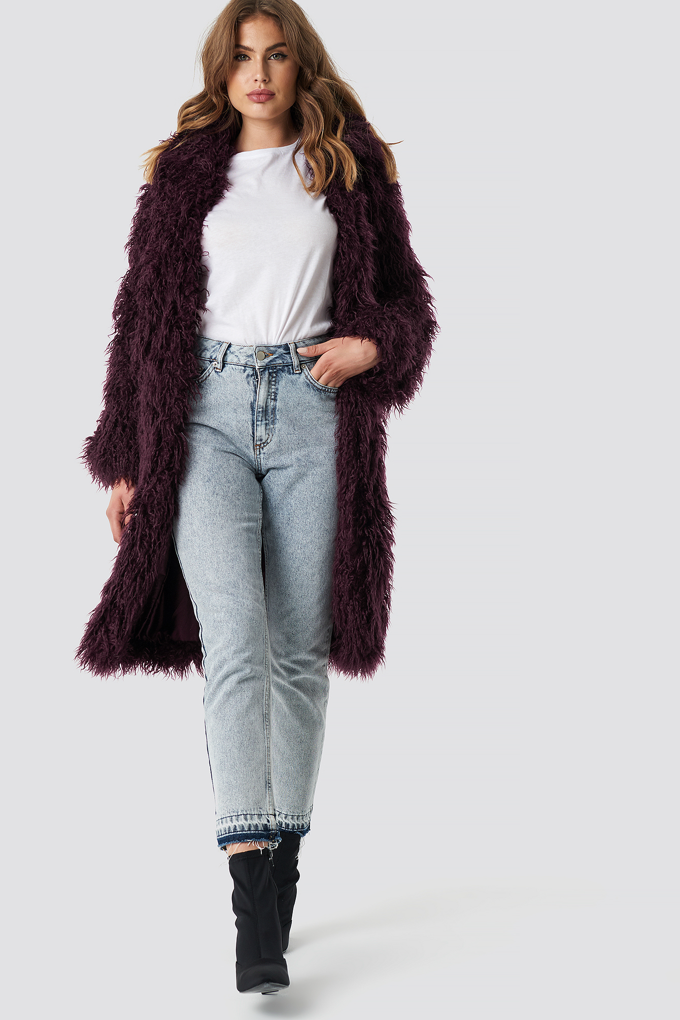 Faux Fur Long Jacket Burgundy