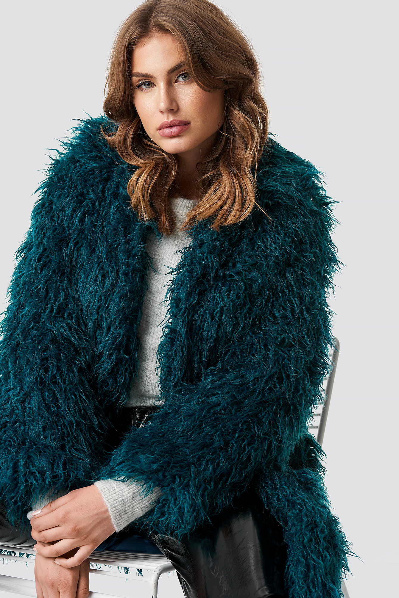 Faux Fur Long Jacket Petrol