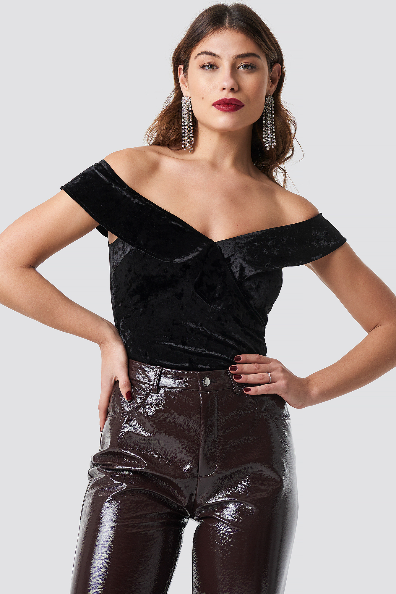 Flounce Off Shoulder Velvet Top Black