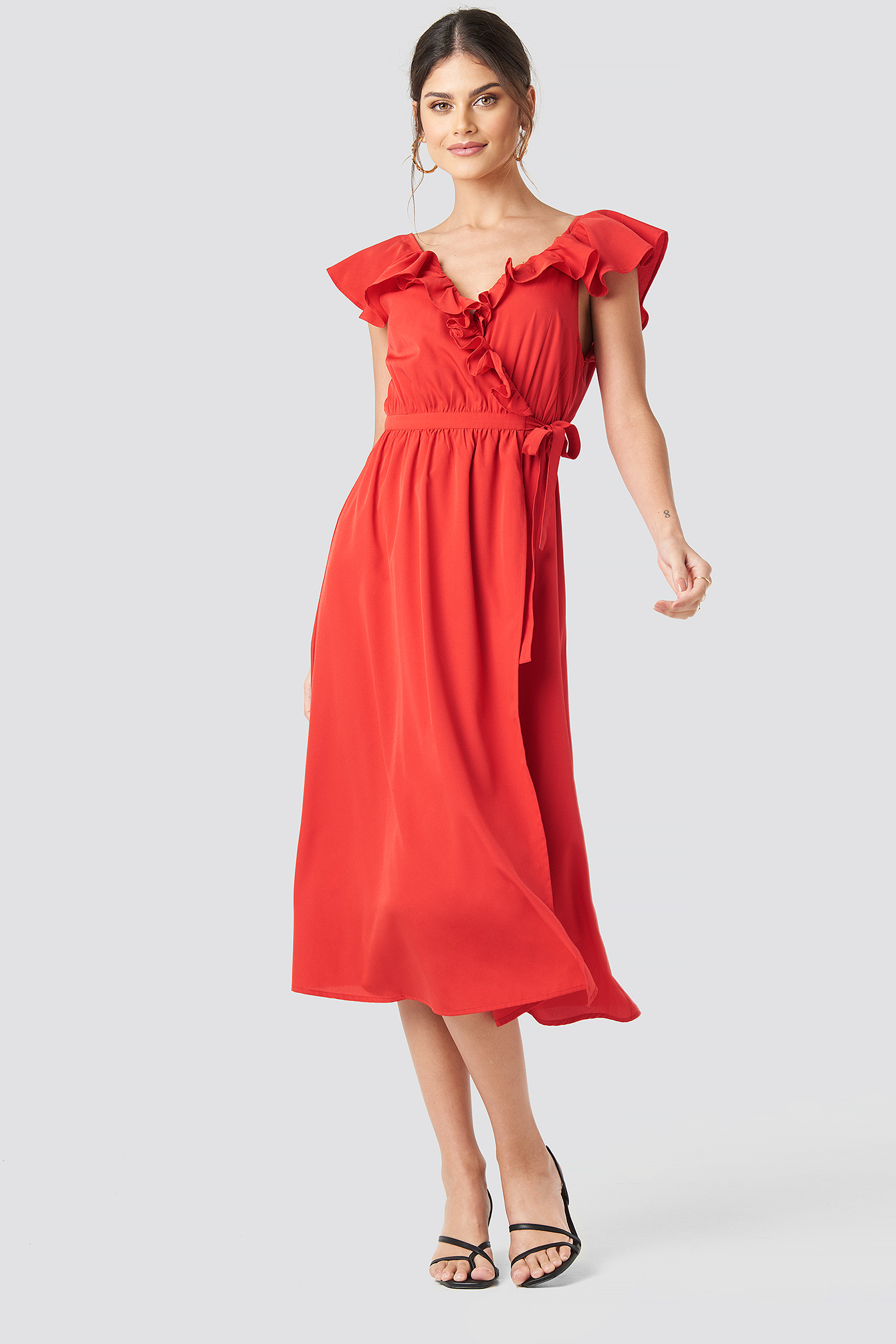 High Slit Frill Midi Dress Red