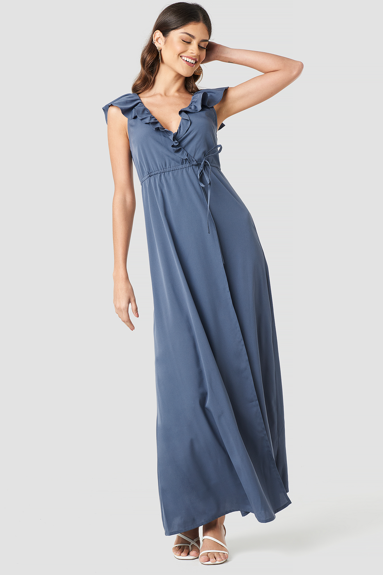 High Slit Tie Waist Maxi Dress Dark Dusty Blue