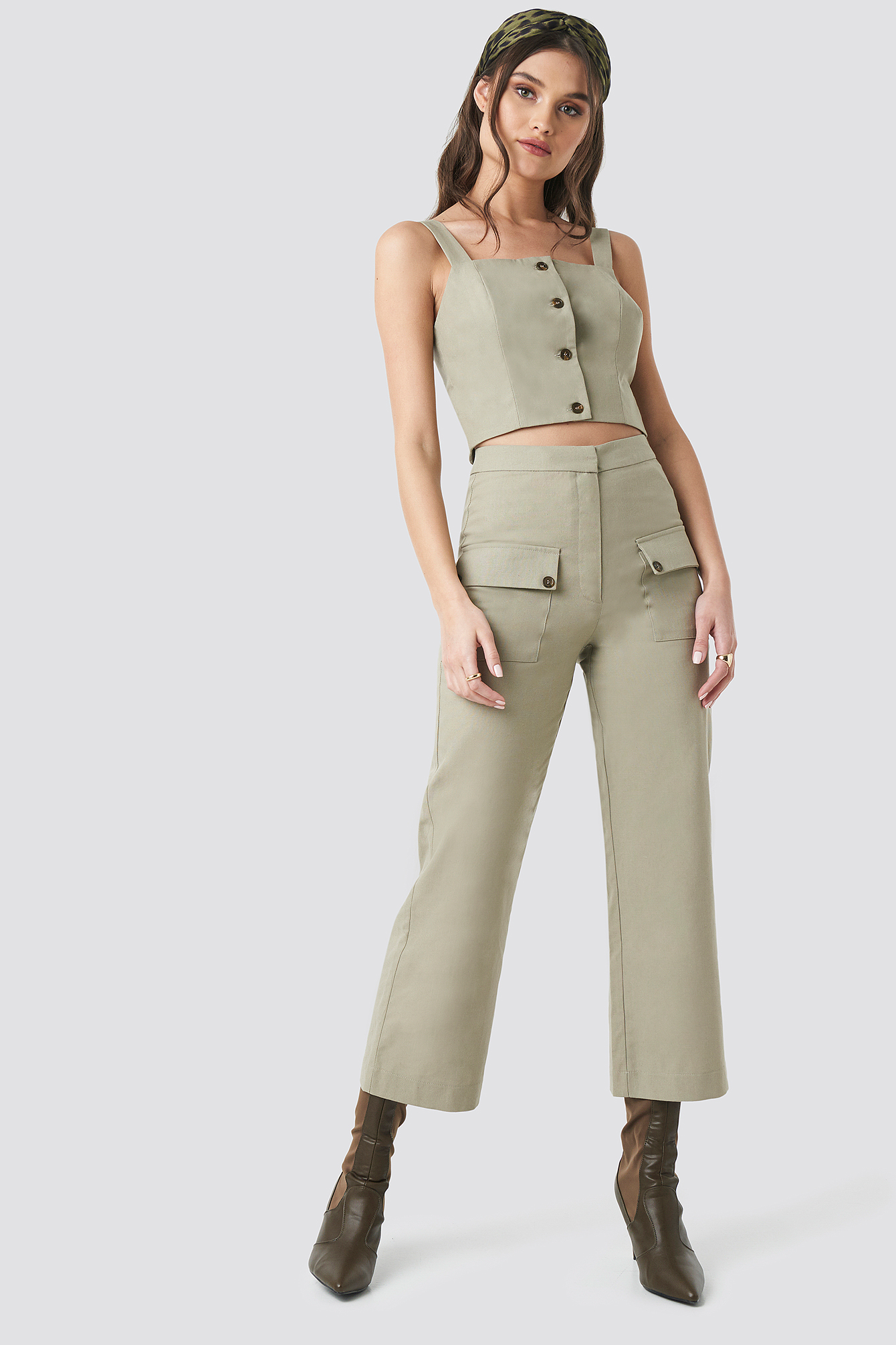 Linen Look Front Pocket Cargo Pants Beige