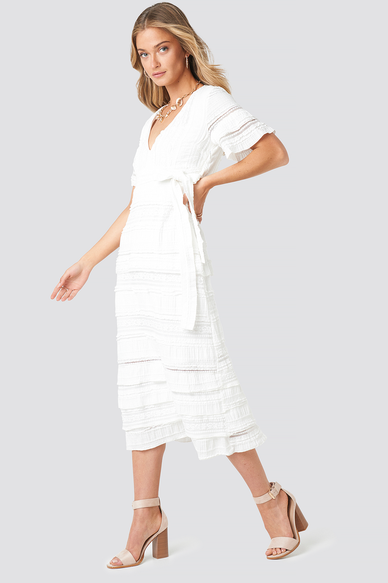 Short Sleeve V-Neck Lace Dress White