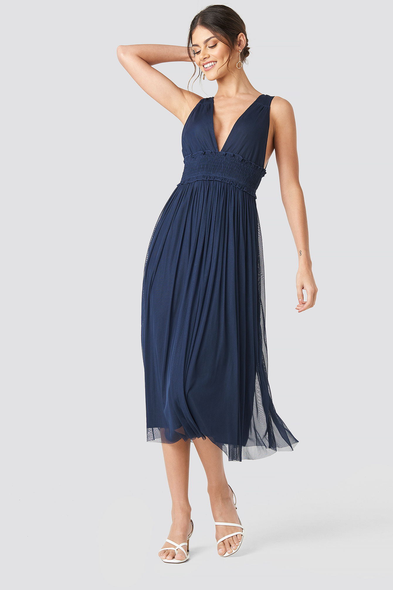 V-neck Tulle Midi Dress Dark Blue