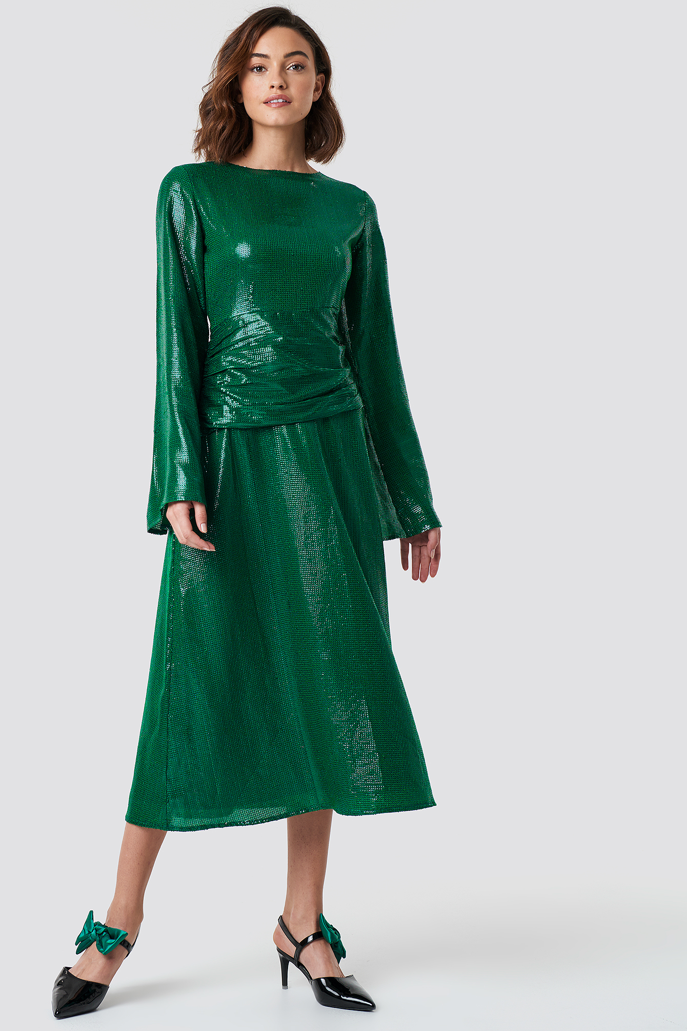 Gathering Detail Sequins Midi Dress Green