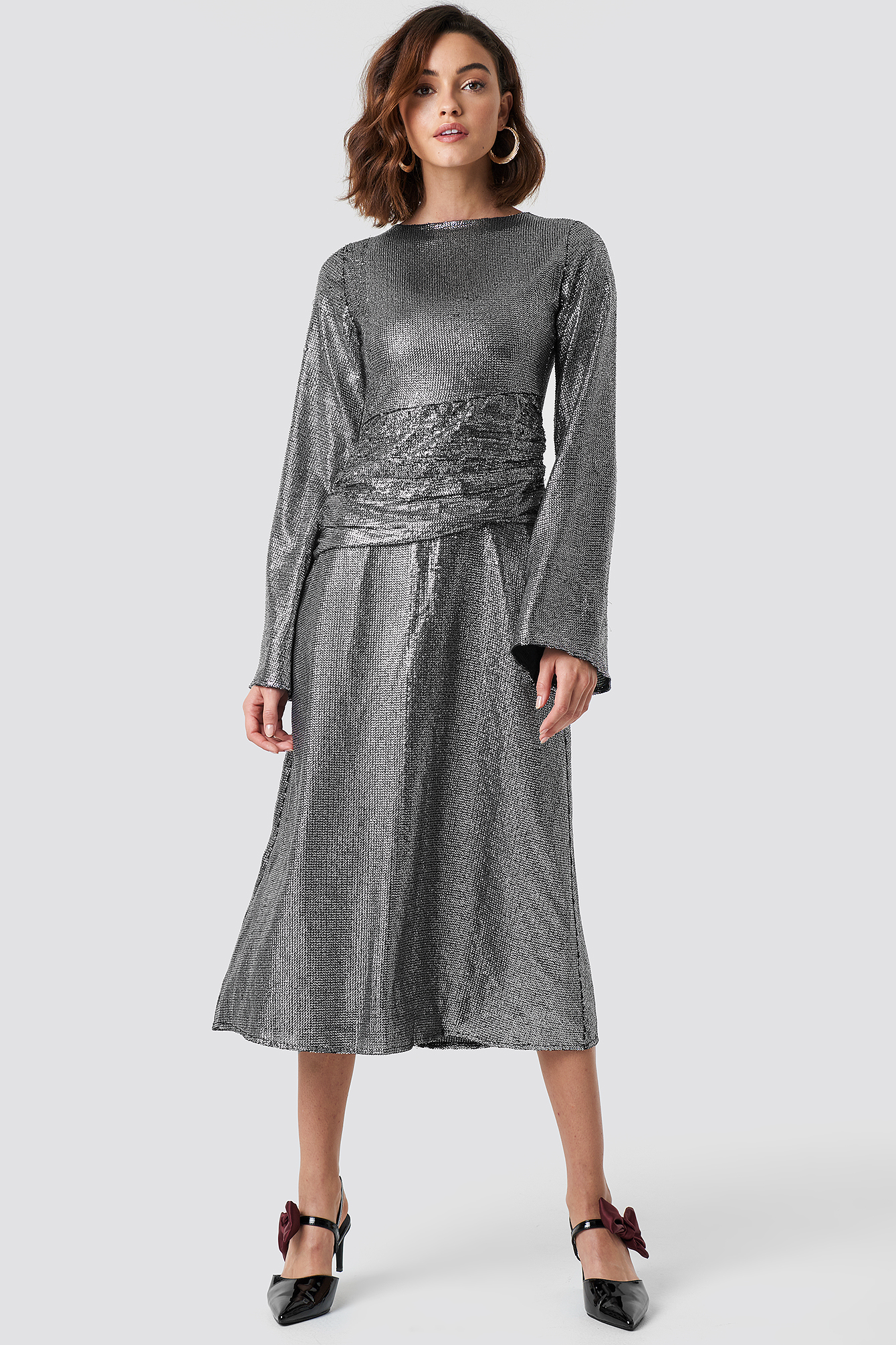 Gathering Detail Sequins Midi Dress Silver
