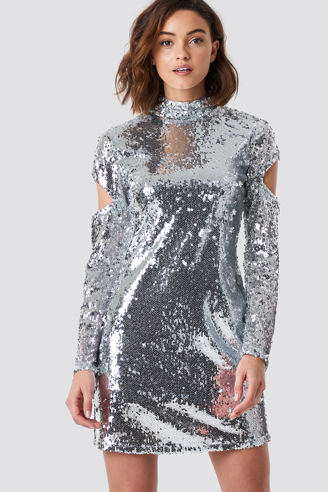 High Neck Cut Out Sleeve Sequin Dress Silver