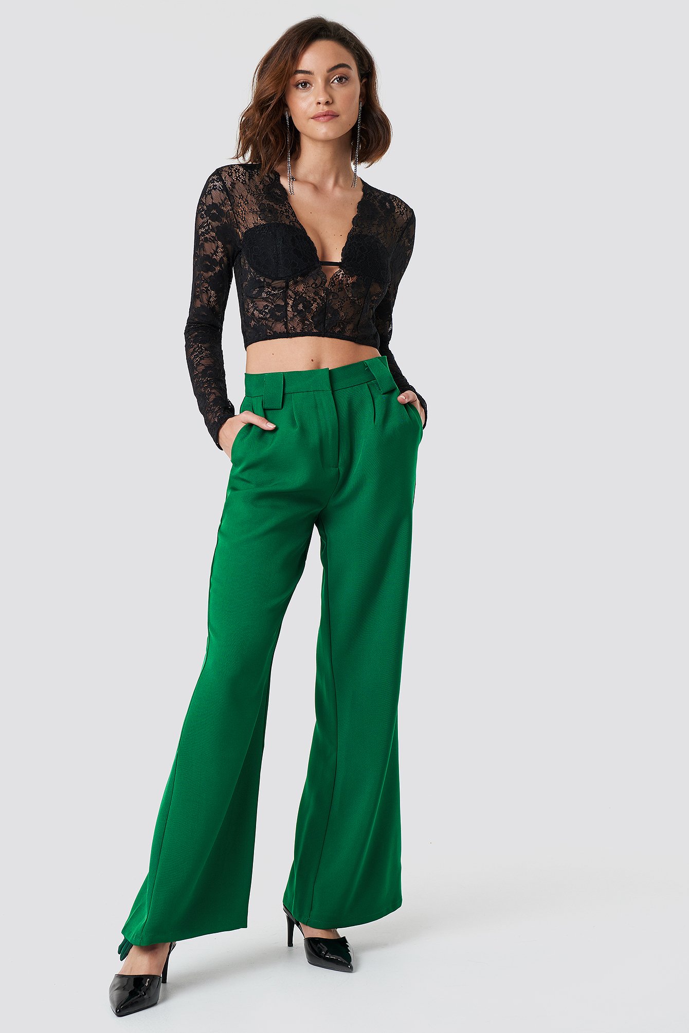 na-kd trend -  High Waisted Flared Suit Pants - Green