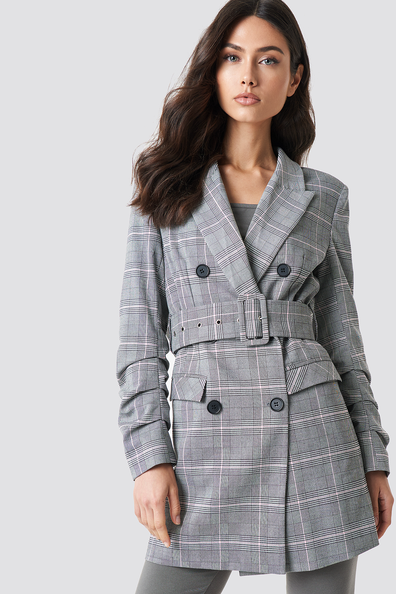 Long Checkered Belted Blazer Checkered