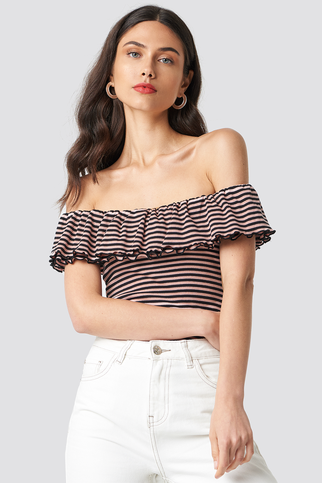 Off Shoulder Flounce Top Black/Pink