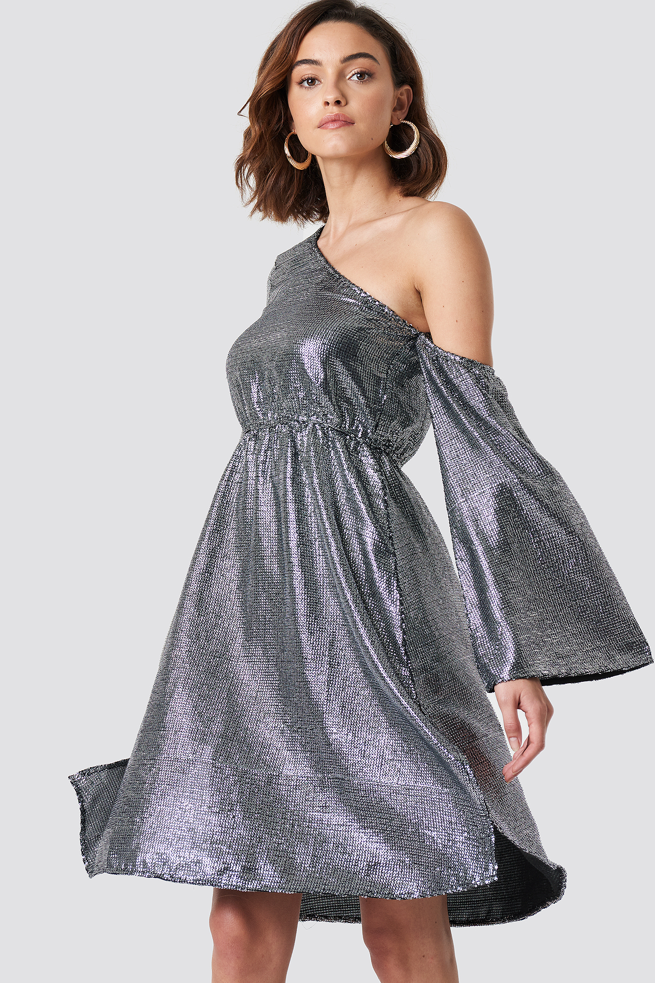 One Shoulder Asymmetric Sequin Dress Silver