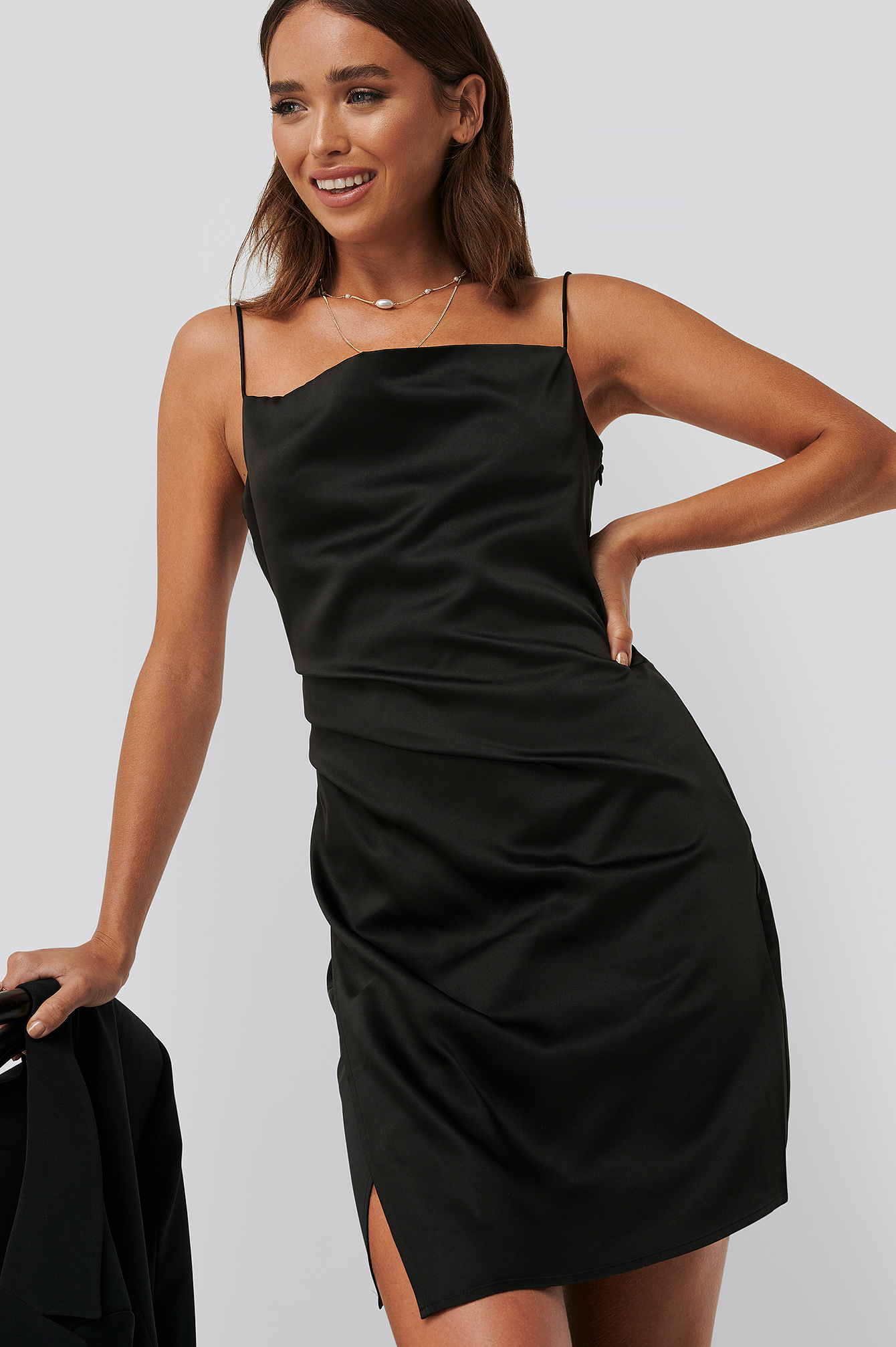 Draped Satin Dress Black