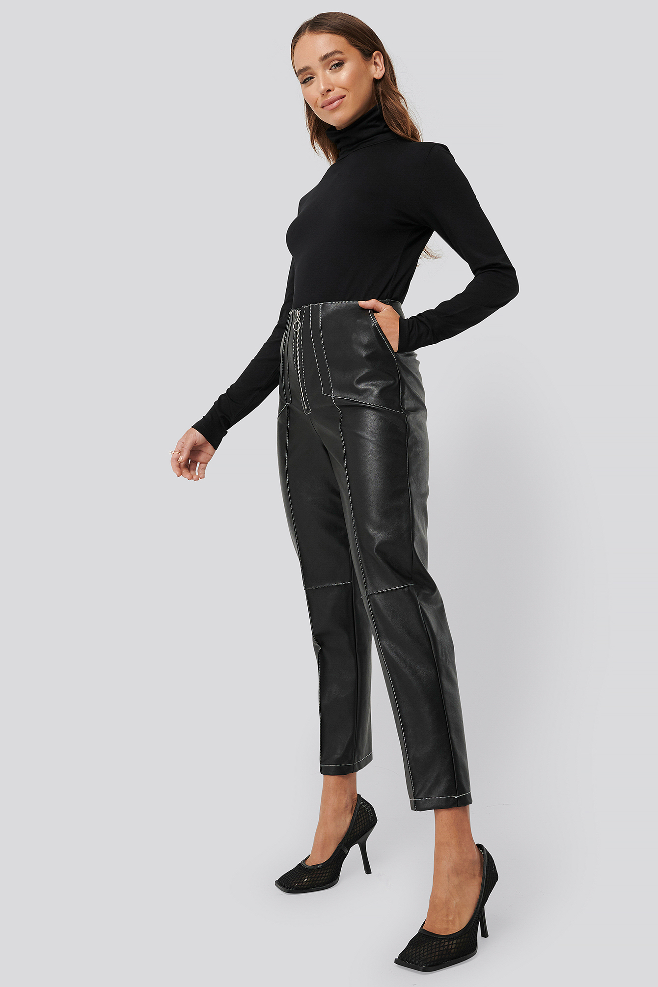 Faux Leather Front Seam Pants Black