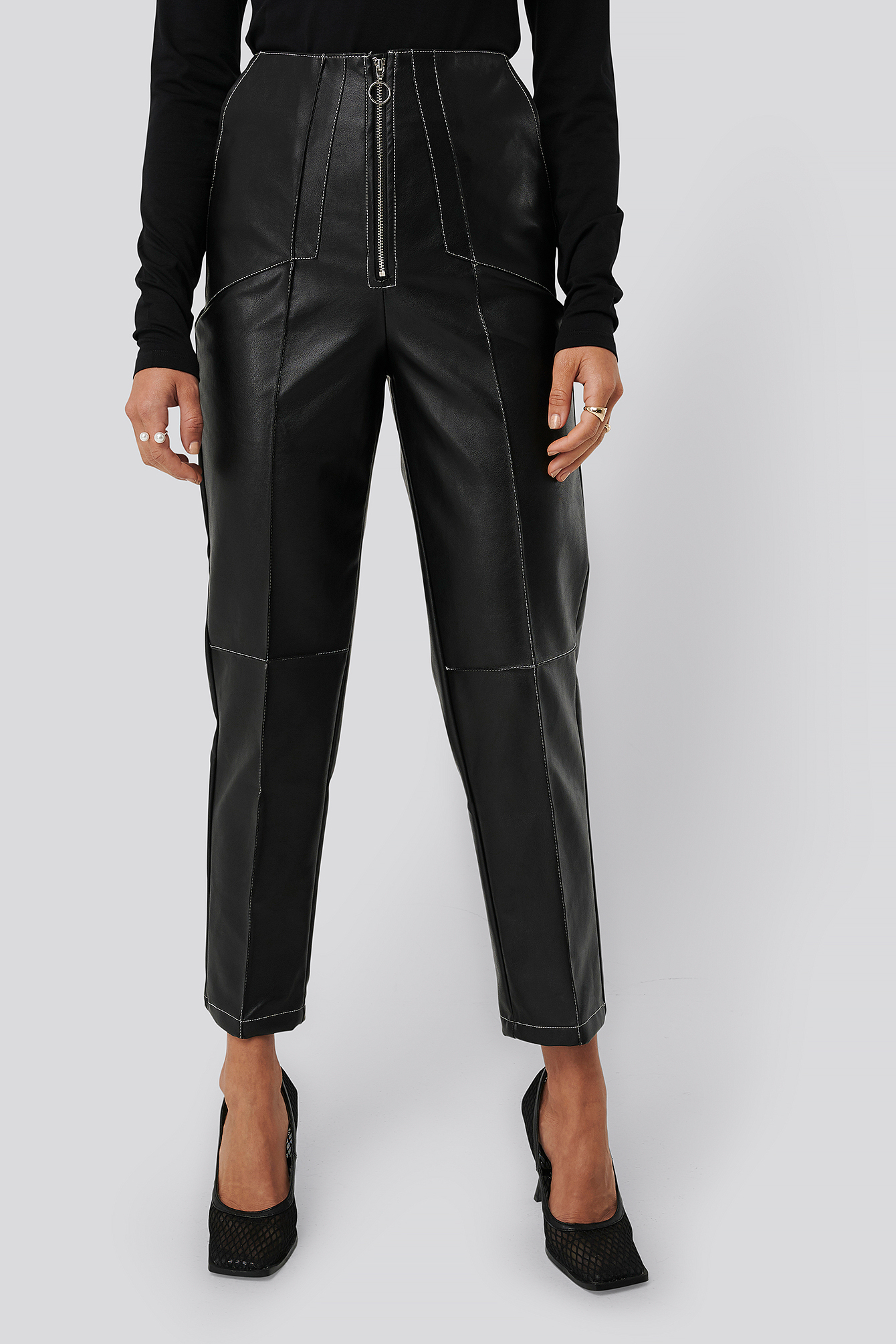 Faux Leather Front Seam Pants Black 