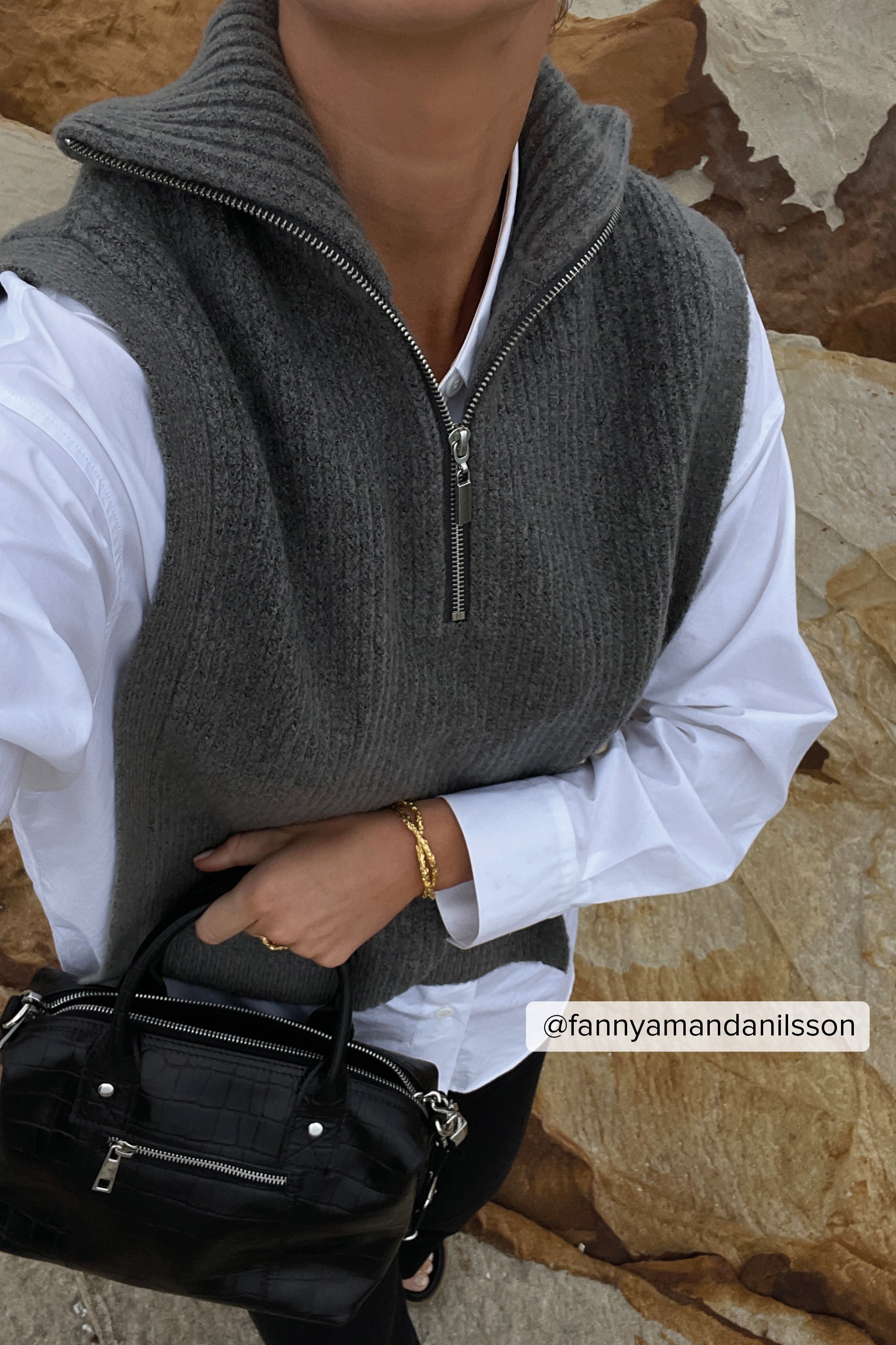 Dark Grey Melange Chunky Zip Detail Wool Bib