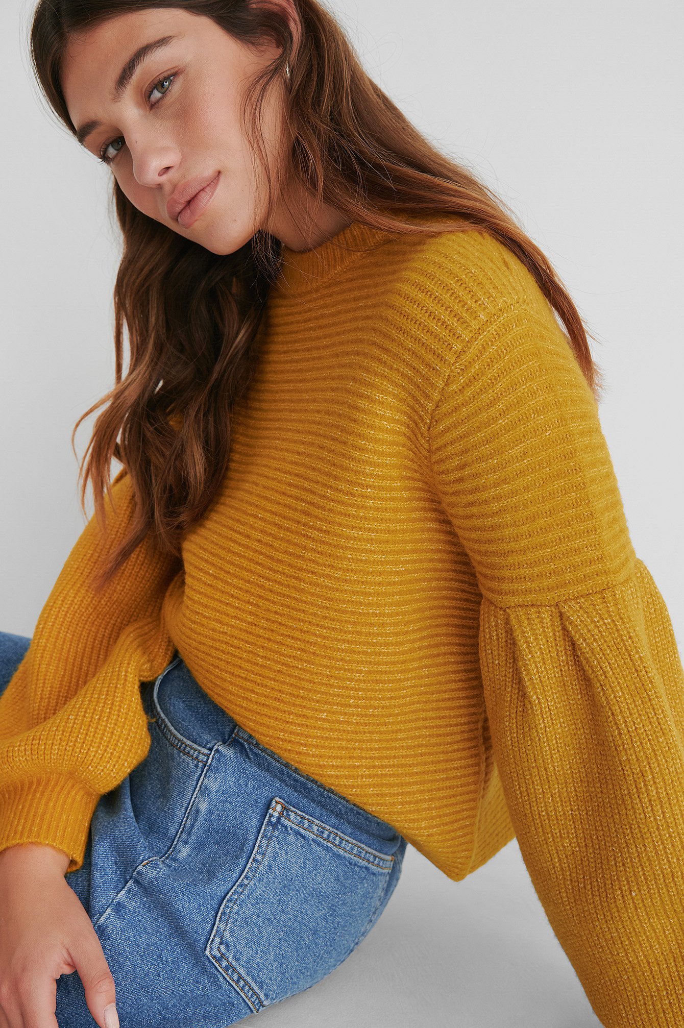 Mustard Dropped Puffy Sleeve Knitted Sweater