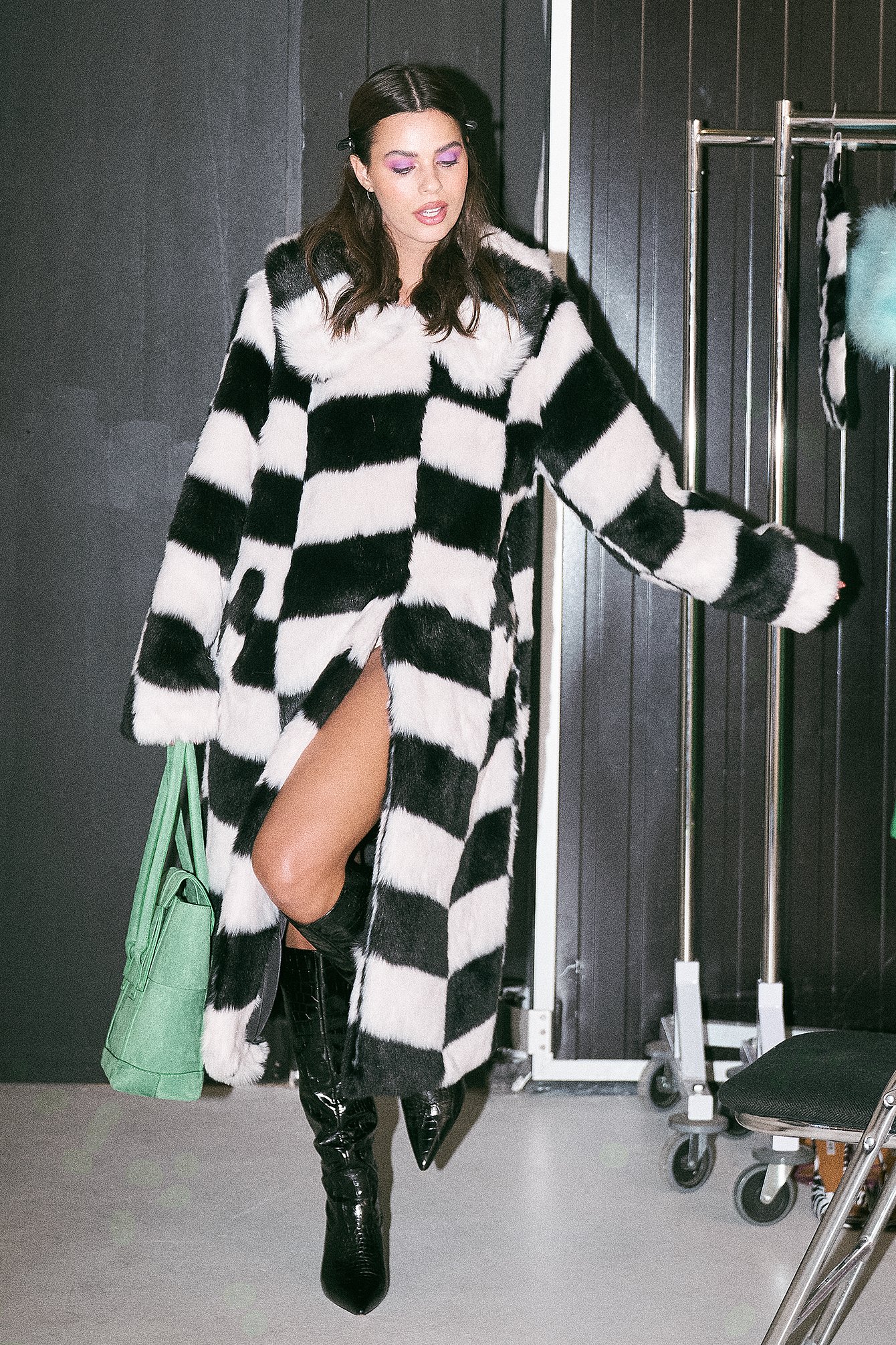 Checked Faux Fur Checked Coat