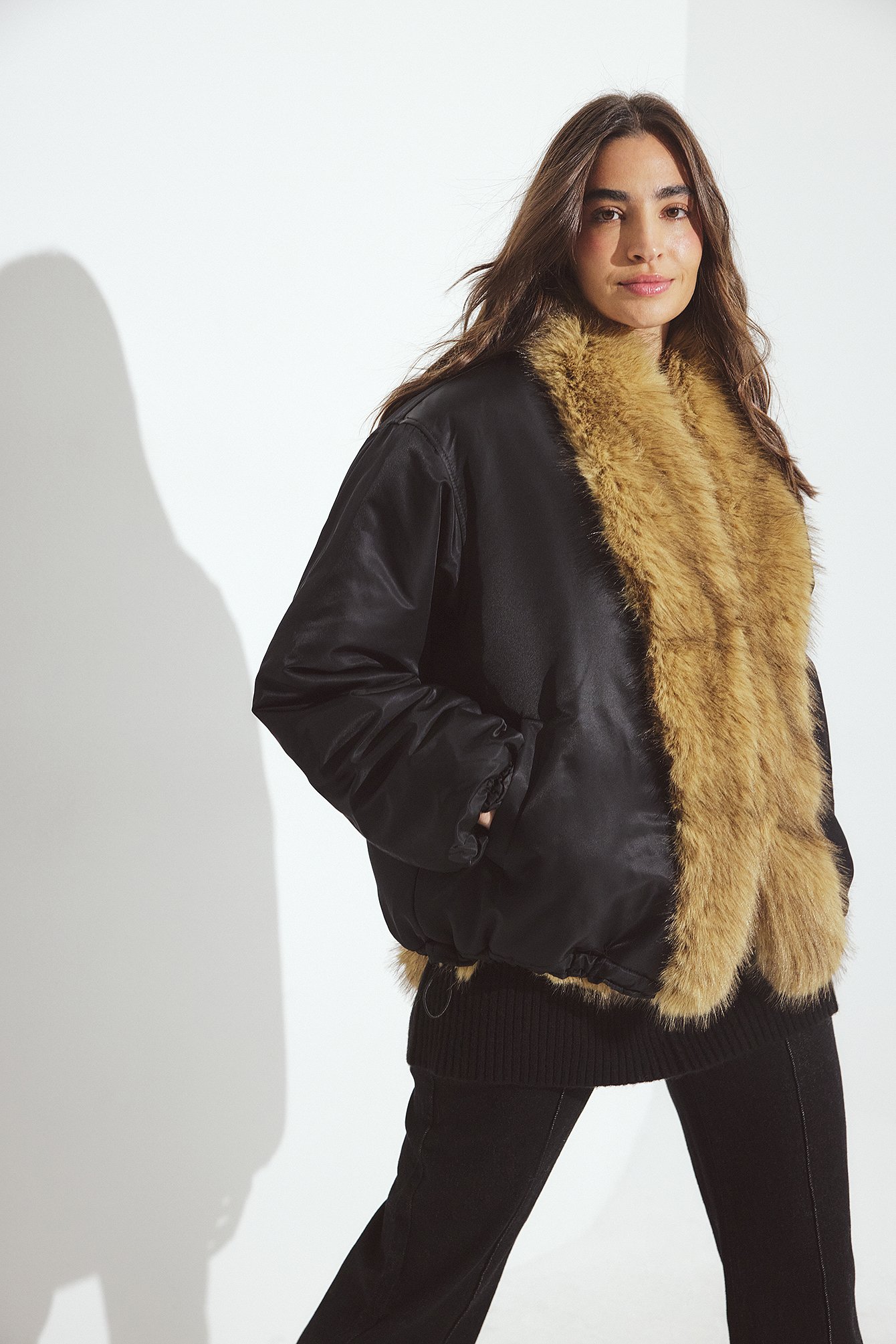 NA-KD Faux Fur Detail Bomber Jacket - Faux Fur Jackets & Coats - Black - EU 40 - NA-KD / NAKD