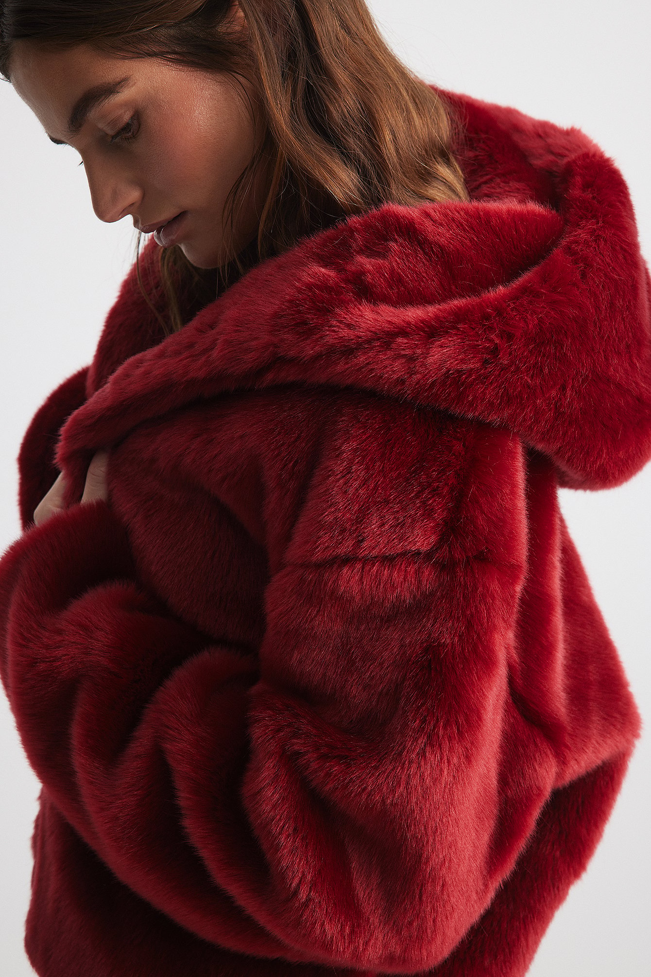 Faux Fur Hooded Jacket Red | NA-KD