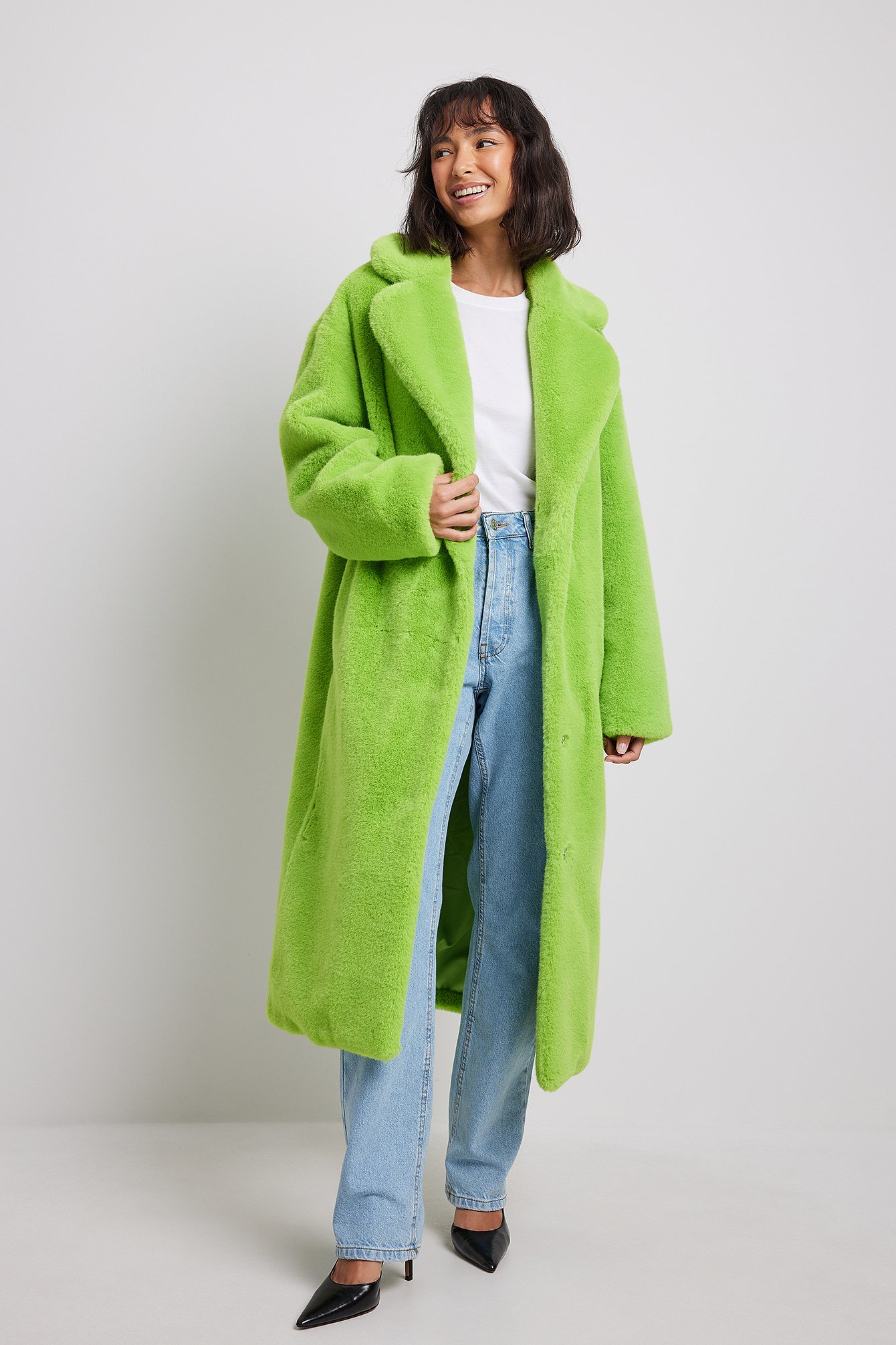 na-kd trend faux fur maxi coat - green