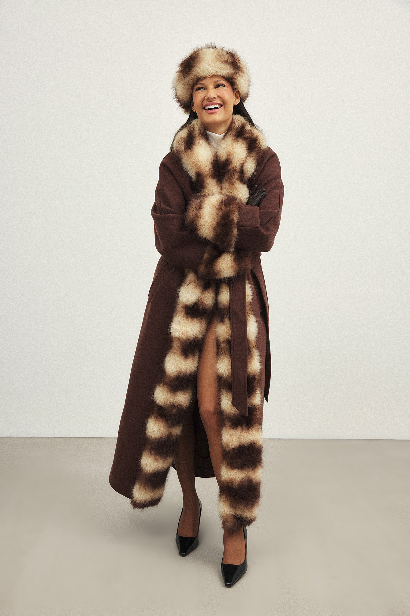 Handpicked x NA-KD Faux Fur Wool Blend Maxi Coat - Faux Fur Jackets & Coats - Brown - EU 32 - NA-KD / NAKD