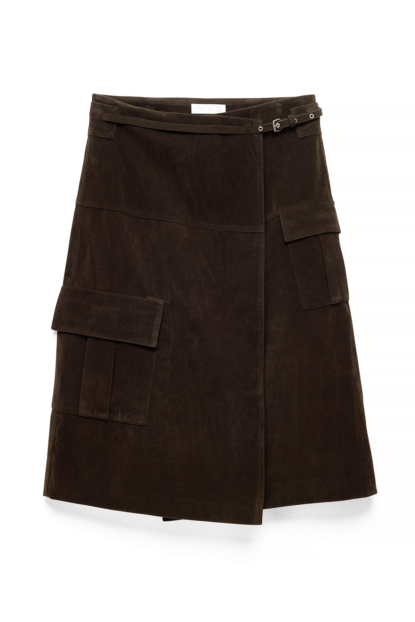Brown Faux Suede Pocket Detail Midi Skirt