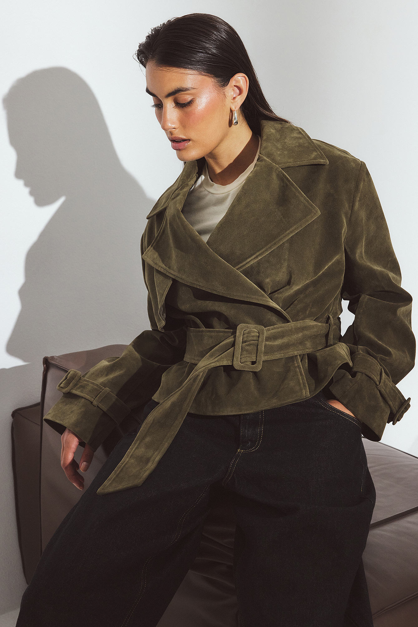 NA-KD Faux Suede Short Trenchcoat - Trenchcoats - Green - EU 44 - NA-KD / NAKD