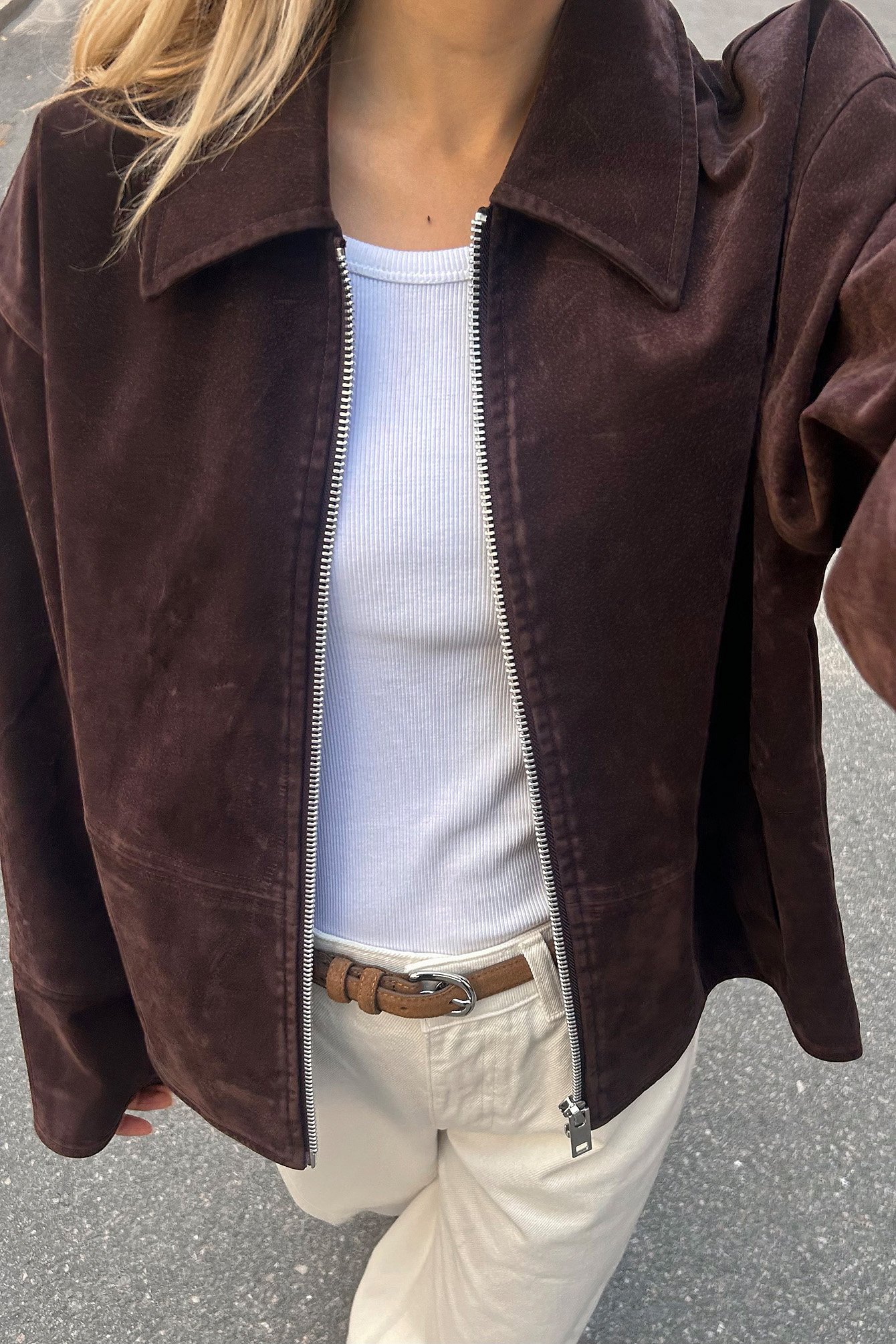 Faux Suede Zip Jacket - Dark Brown