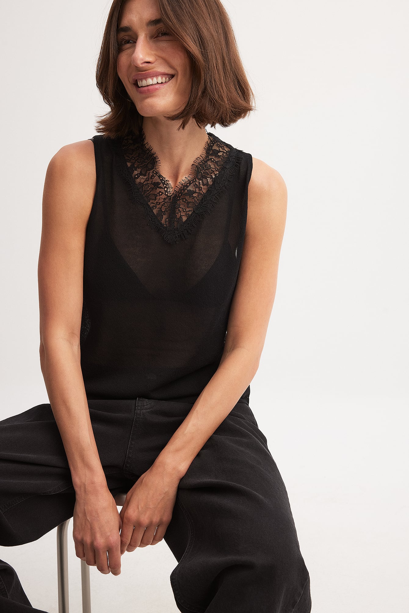 NA-KD Feingestricktes Spitzen-Top - Stricktops - Schwarz - Medium - NA-KD / NAKD