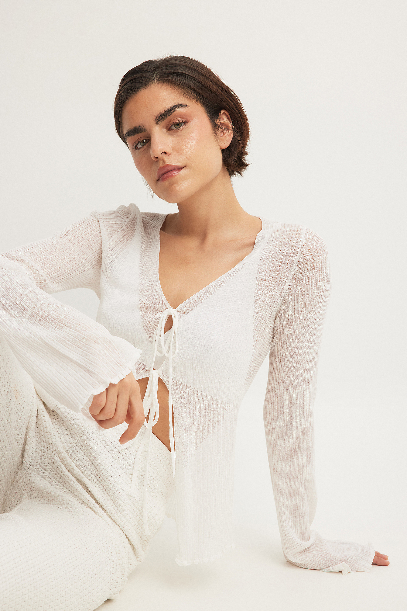 Fine Knitted Tie Detailed Cardigan White | NA-KD